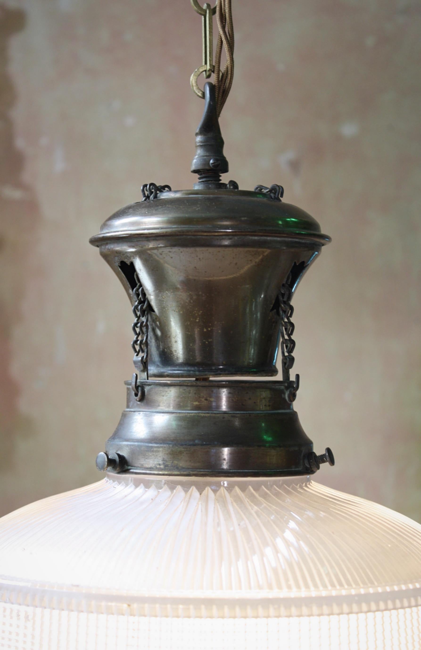 Circa 1920 Pair of Art Deco Holophane Prismatic & Bronze Pendants Lanterns Light 4
