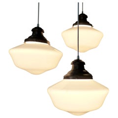 Antique Schoolhouse Style Milk Glass Pendant Lights, circa 1920