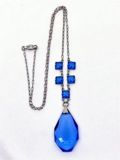 Circa 1920 Sterlilng Silver and Blue Faceted Glass Pendant Necklace