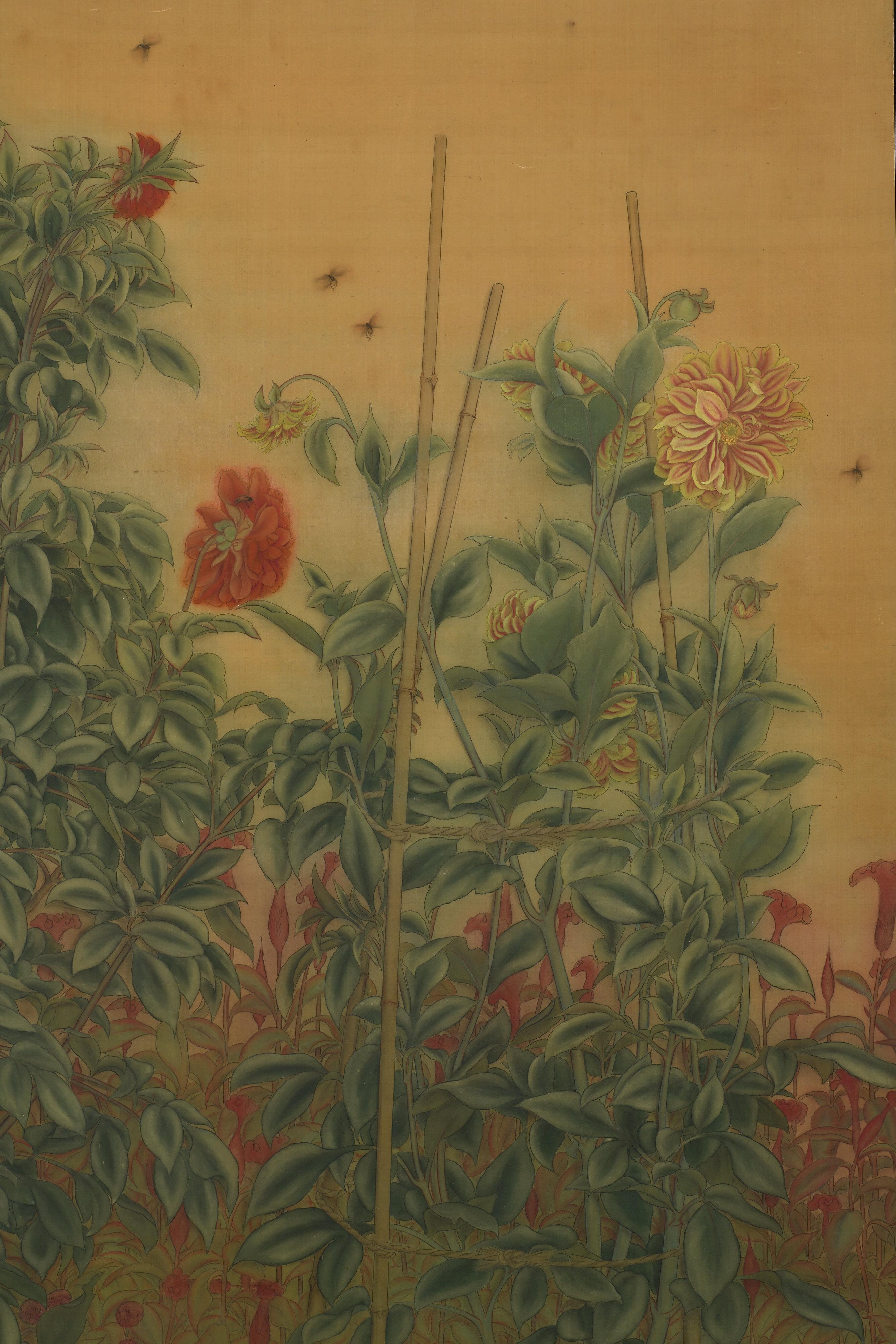 Kawabe Kasho (b.1892)

Dahlias & Cockscomb

Taisho era. Circa 1920

Two-panel Japanese Screen. Mineral pigments and ink on silk.

This exquisite two-panel Japanese folding screen, painted on silk with mineral pigments and ink, presents a vivid