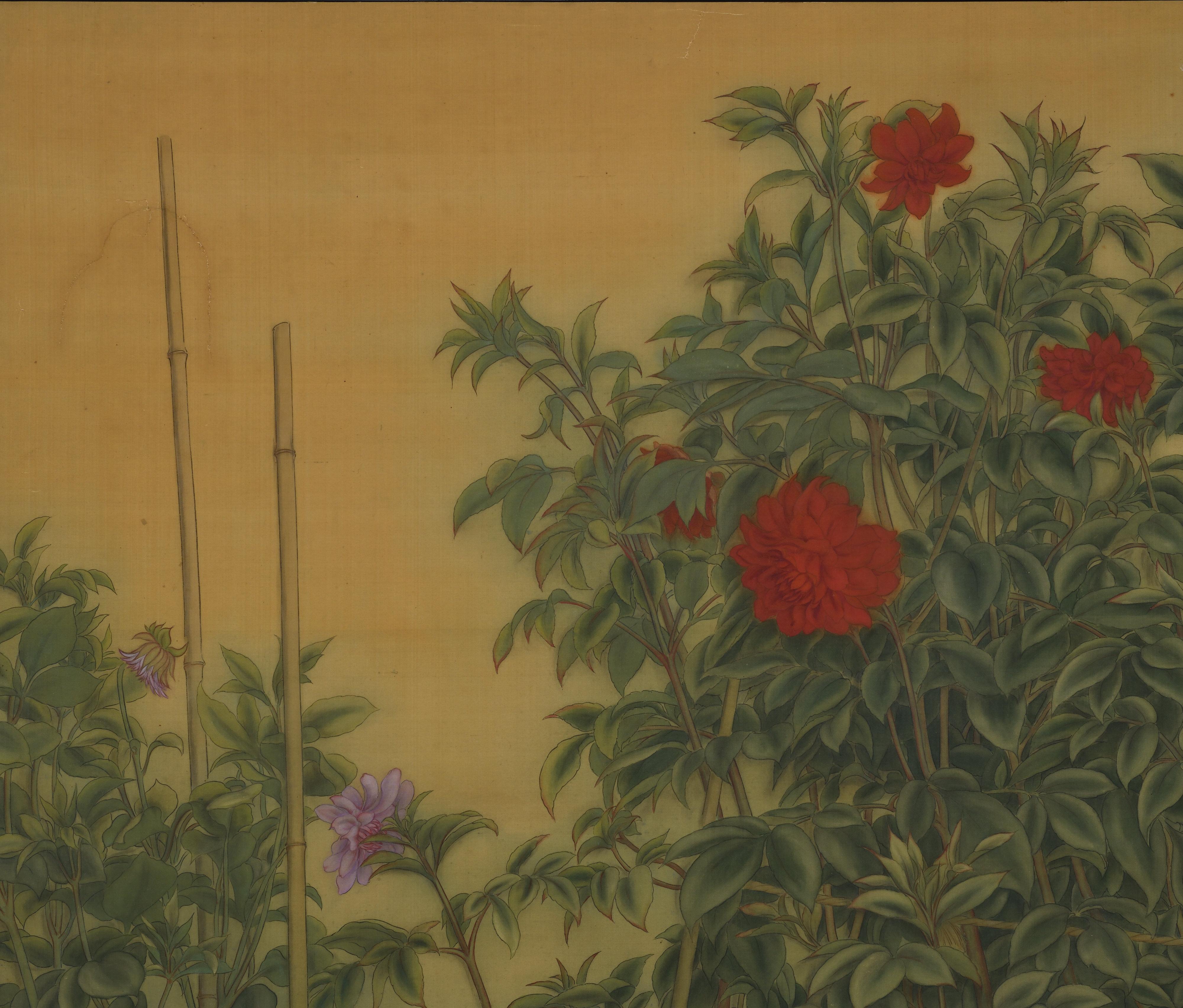 Circa 1920. Taisho era Japanese Nihonga Screen. Dahlias & Cockscomb. In Good Condition For Sale In Kyoto, JP