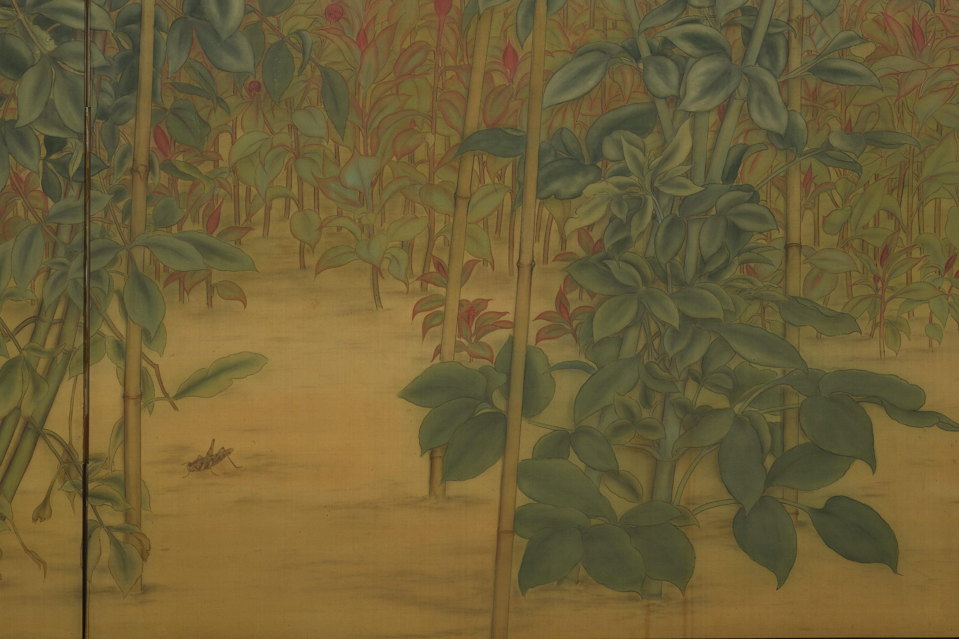 20th Century Circa 1920. Taisho era Japanese Nihonga Screen. Dahlias & Cockscomb. For Sale