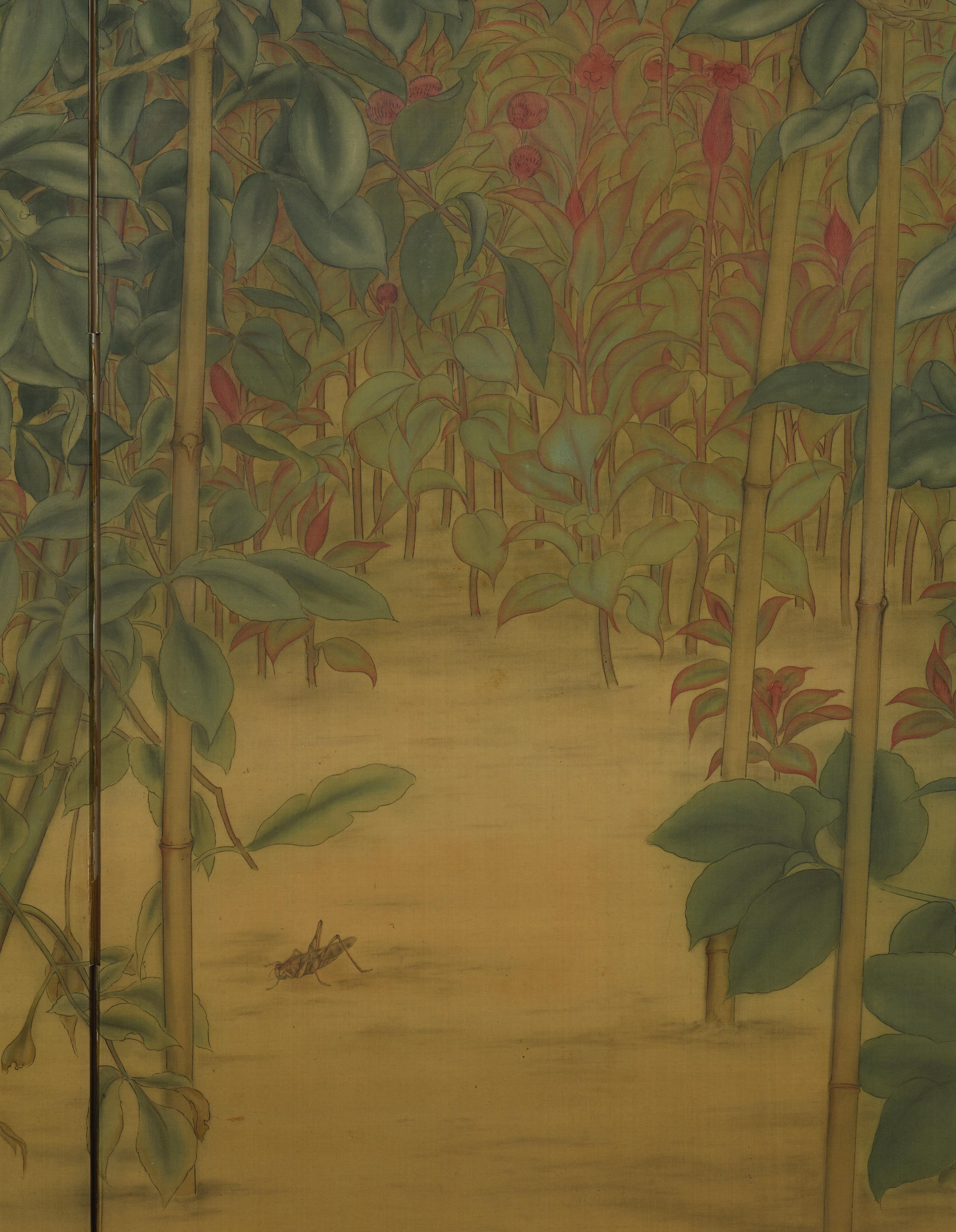 Silk Circa 1920. Taisho era Japanese Nihonga Screen. Dahlias & Cockscomb. For Sale