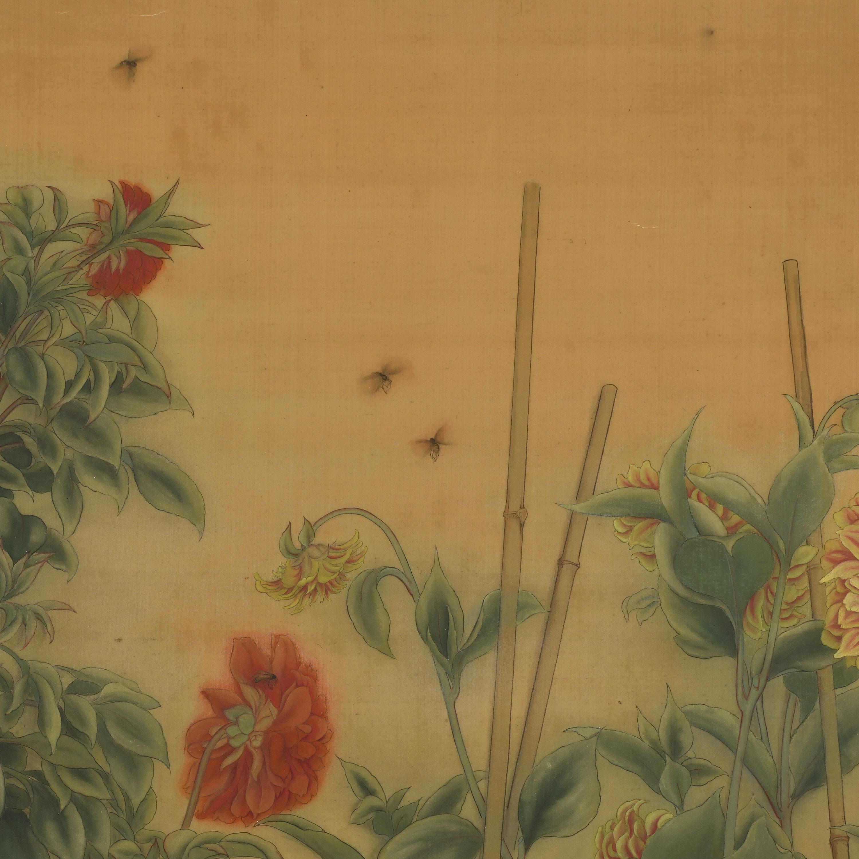 Circa 1920. Taisho era Japanese Nihonga Screen. Dahlias & Cockscomb. For Sale 1
