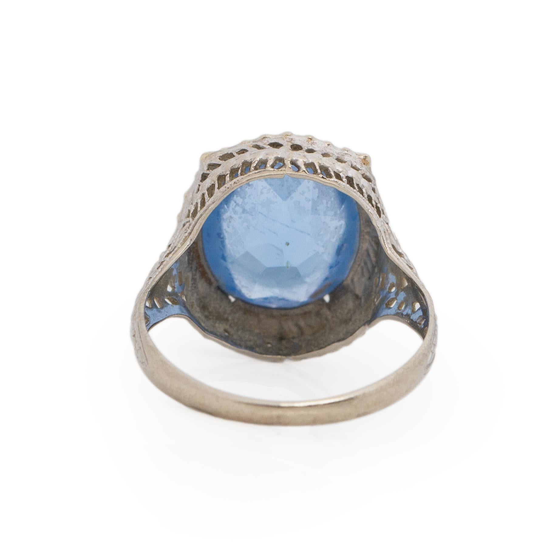 Art Deco Circa 1920's 10K White Gold Vintage Filigree Blue Gem Fashion Ring