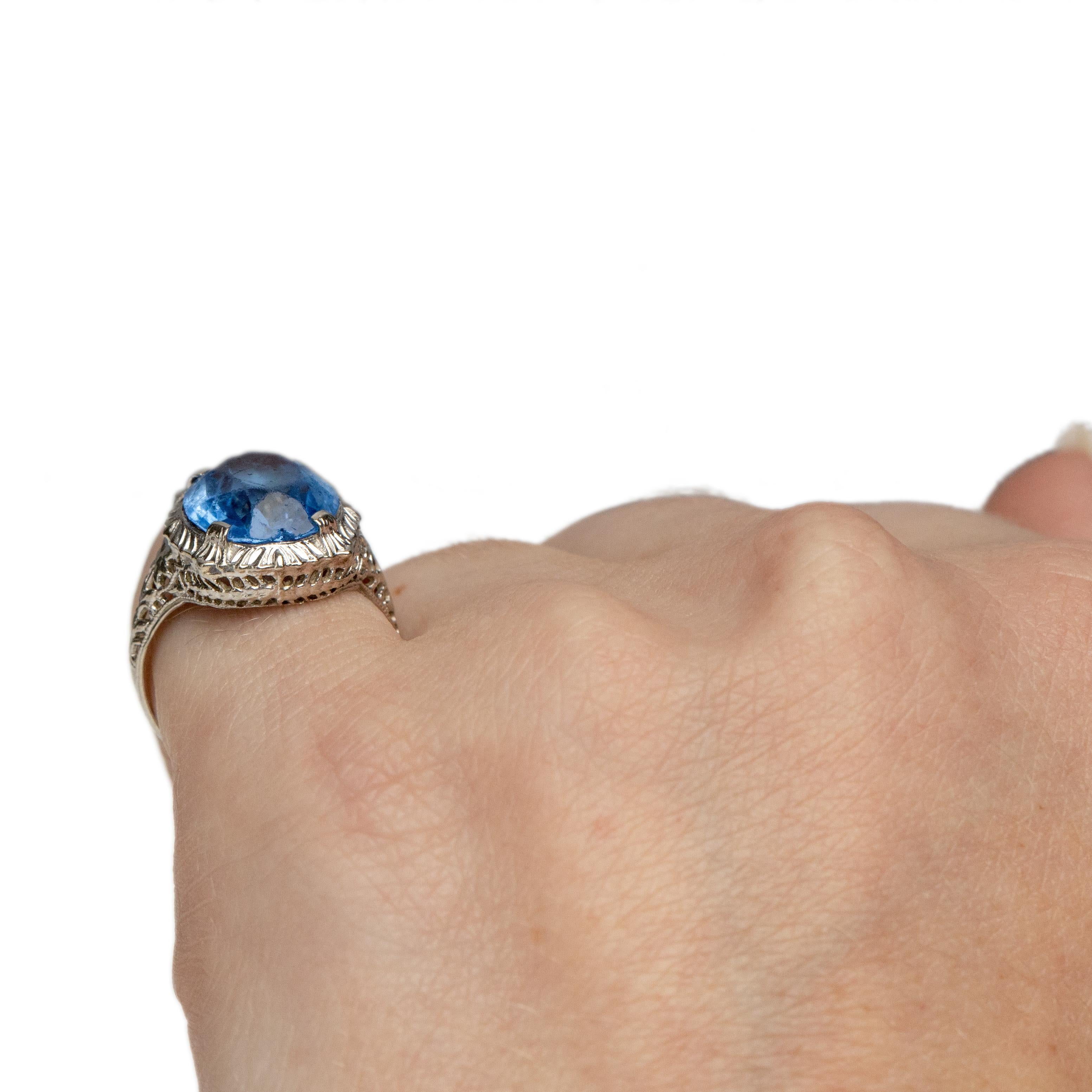 Circa 1920's 10K White Gold Vintage Filigree Blue Gem Fashion Ring 1