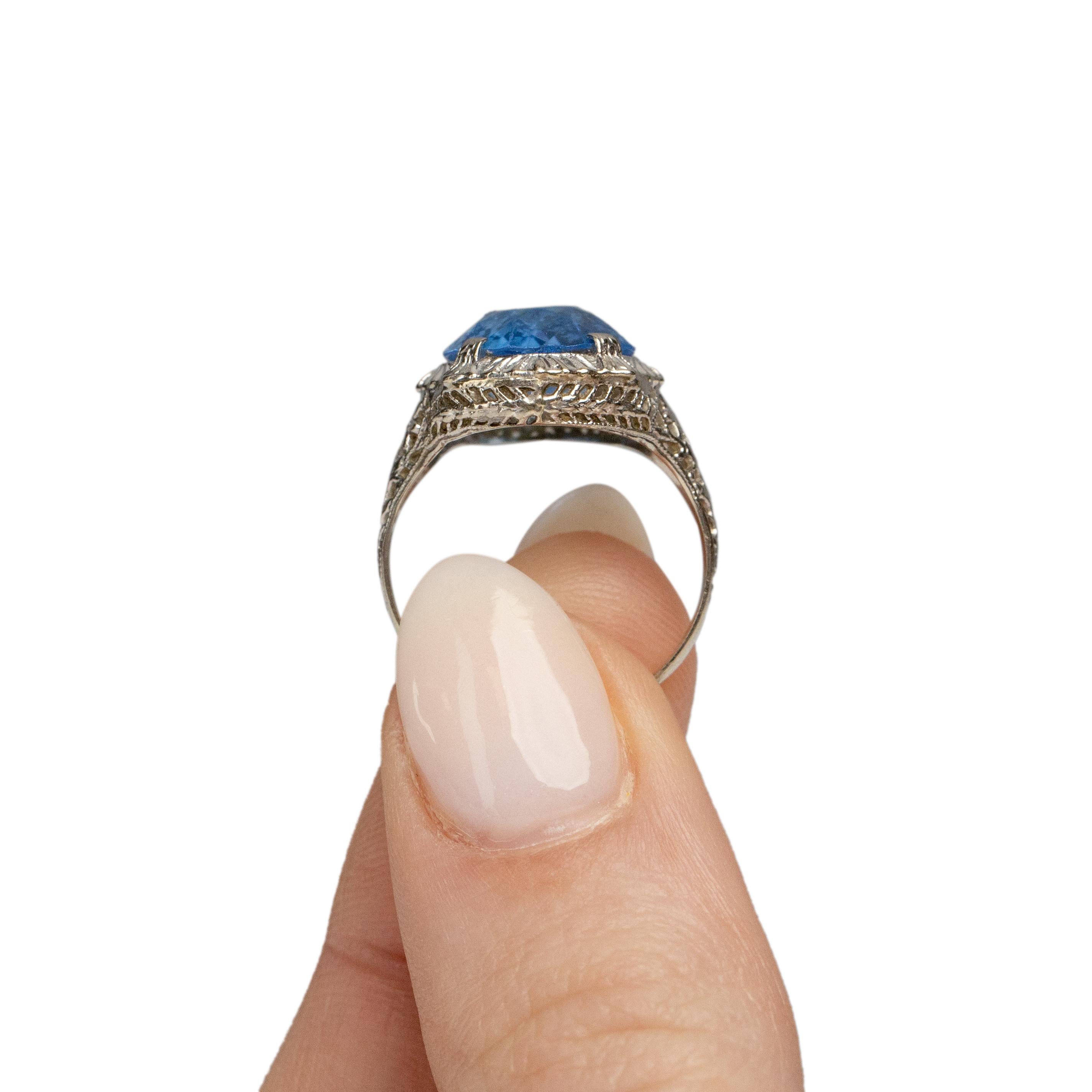 Circa 1920's 10K White Gold Vintage Filigree Blue Gem Fashion Ring 3