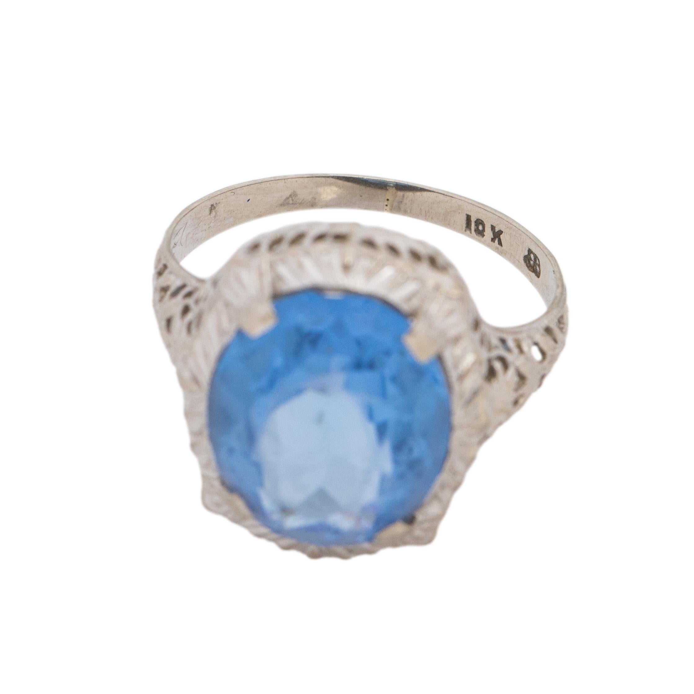 Circa 1920's 10K White Gold Vintage Filigree Blue Gem Fashion Ring 4