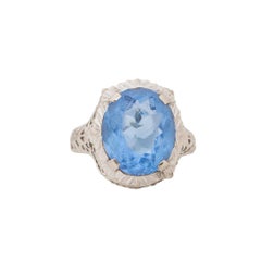 Circa 1920's 10K White Gold Antique Filigree Blue Gem Fashion Ring