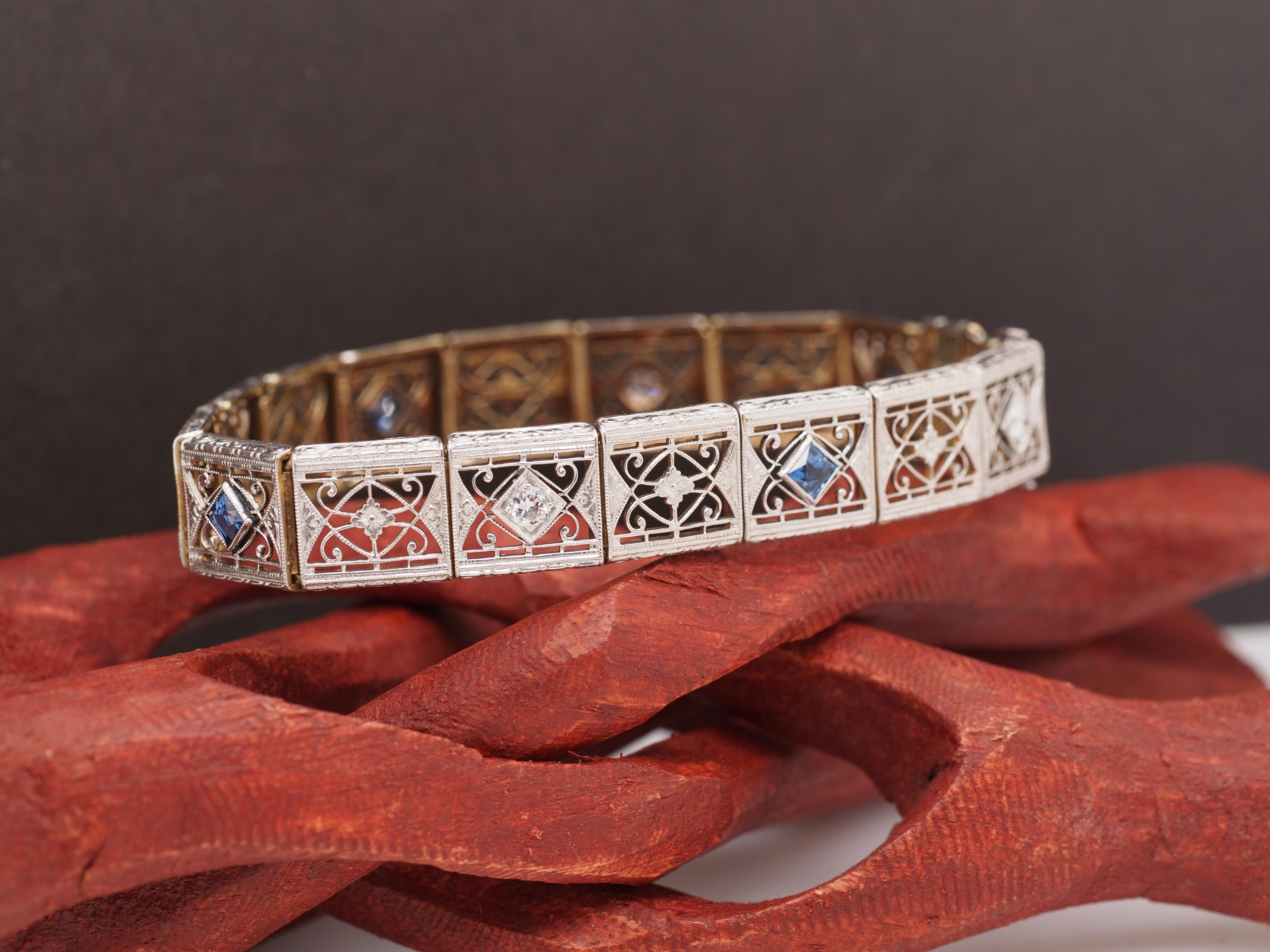 CIRCA 1920er Jahre 14K & Platin Saphir und Diamant-Armband mit Filigran & Gravur (Alteuropäischer Schliff) im Angebot