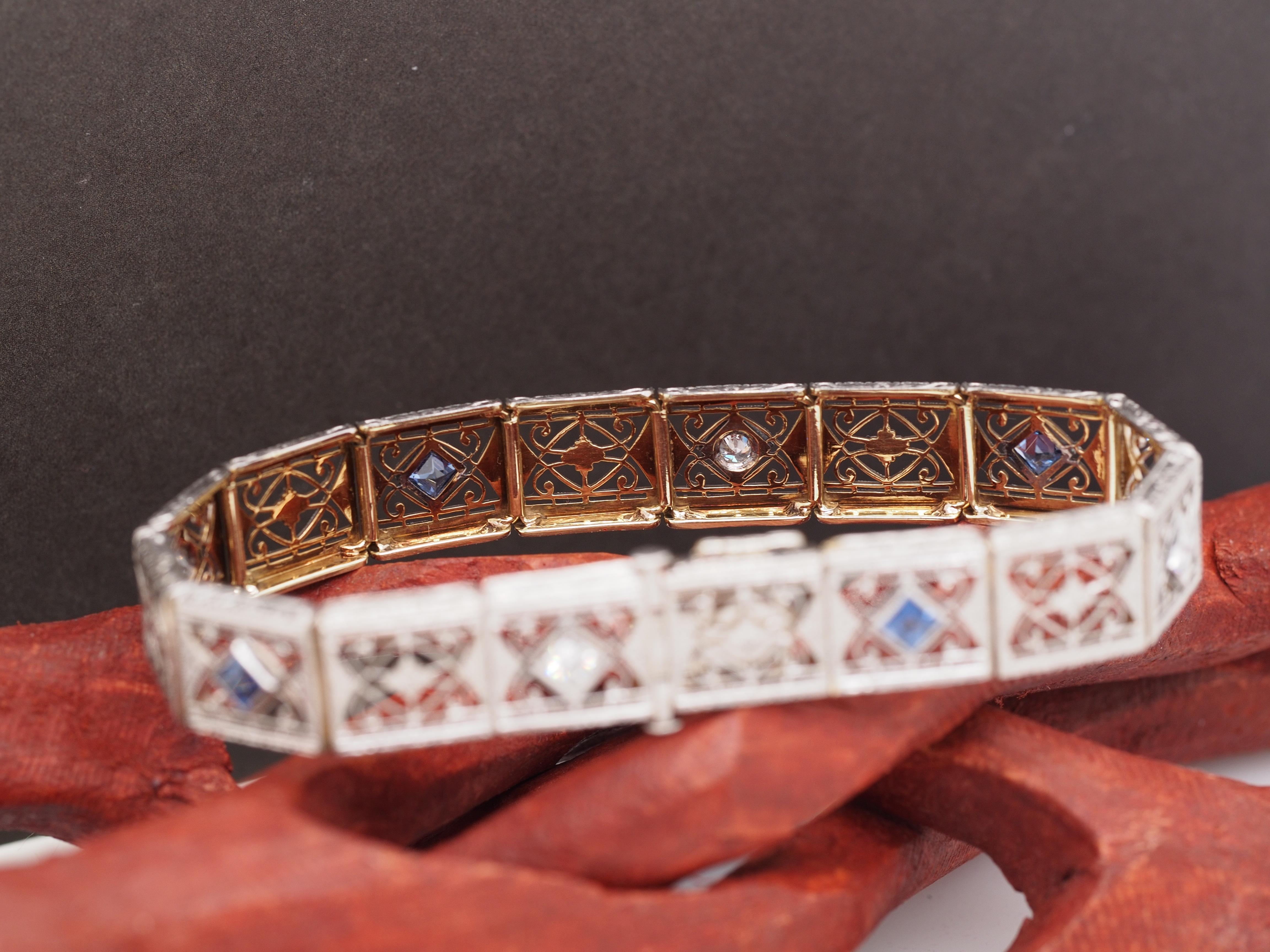 Old European Cut Circa 1920s 14k & Platinum Sapphire and Diamond Bracelet with Filigree & Engrave For Sale