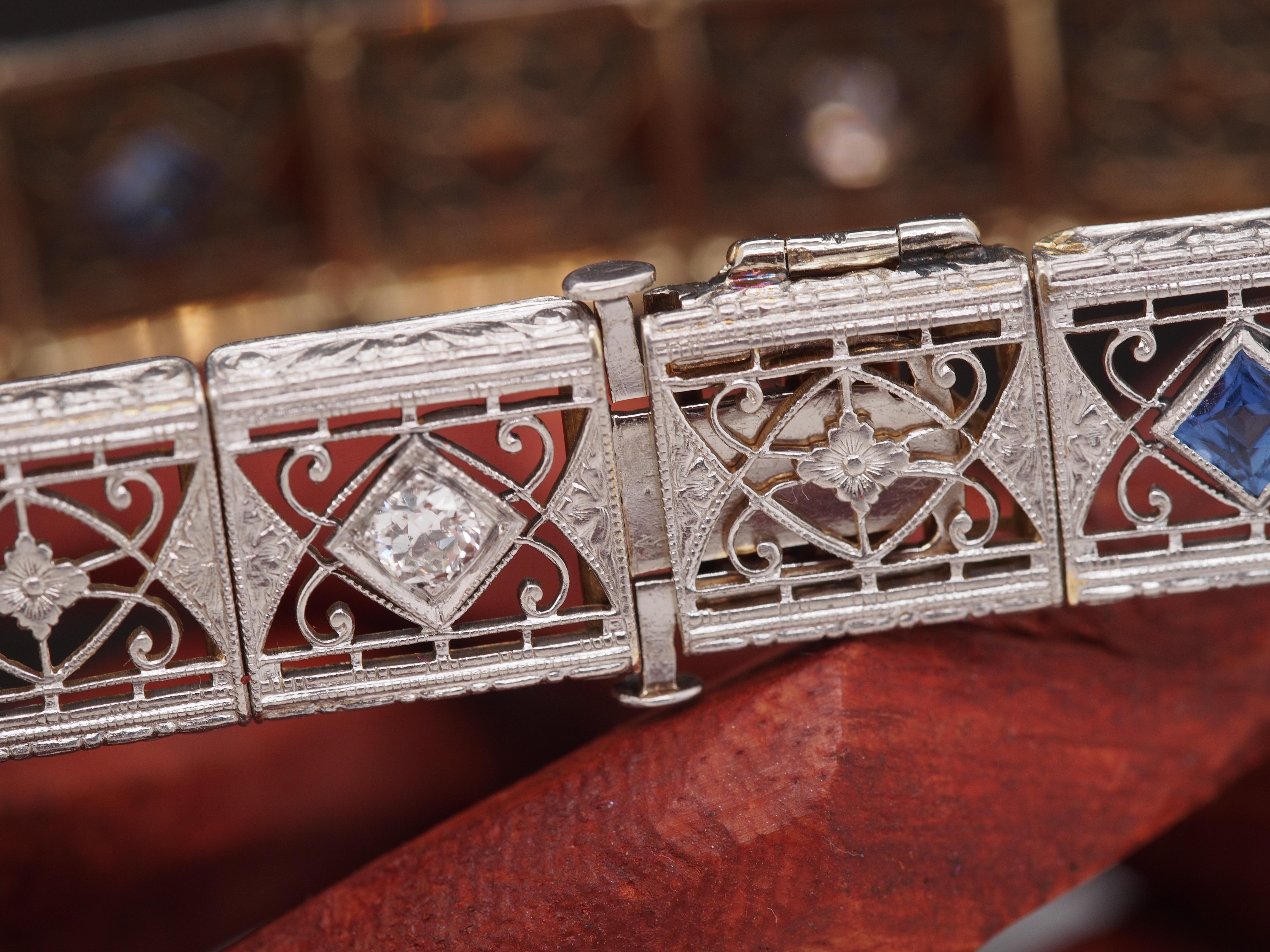 Circa 1920s 14k & Platinum Sapphire and Diamond Bracelet with Filigree & Engrave In Excellent Condition For Sale In Atlanta, GA