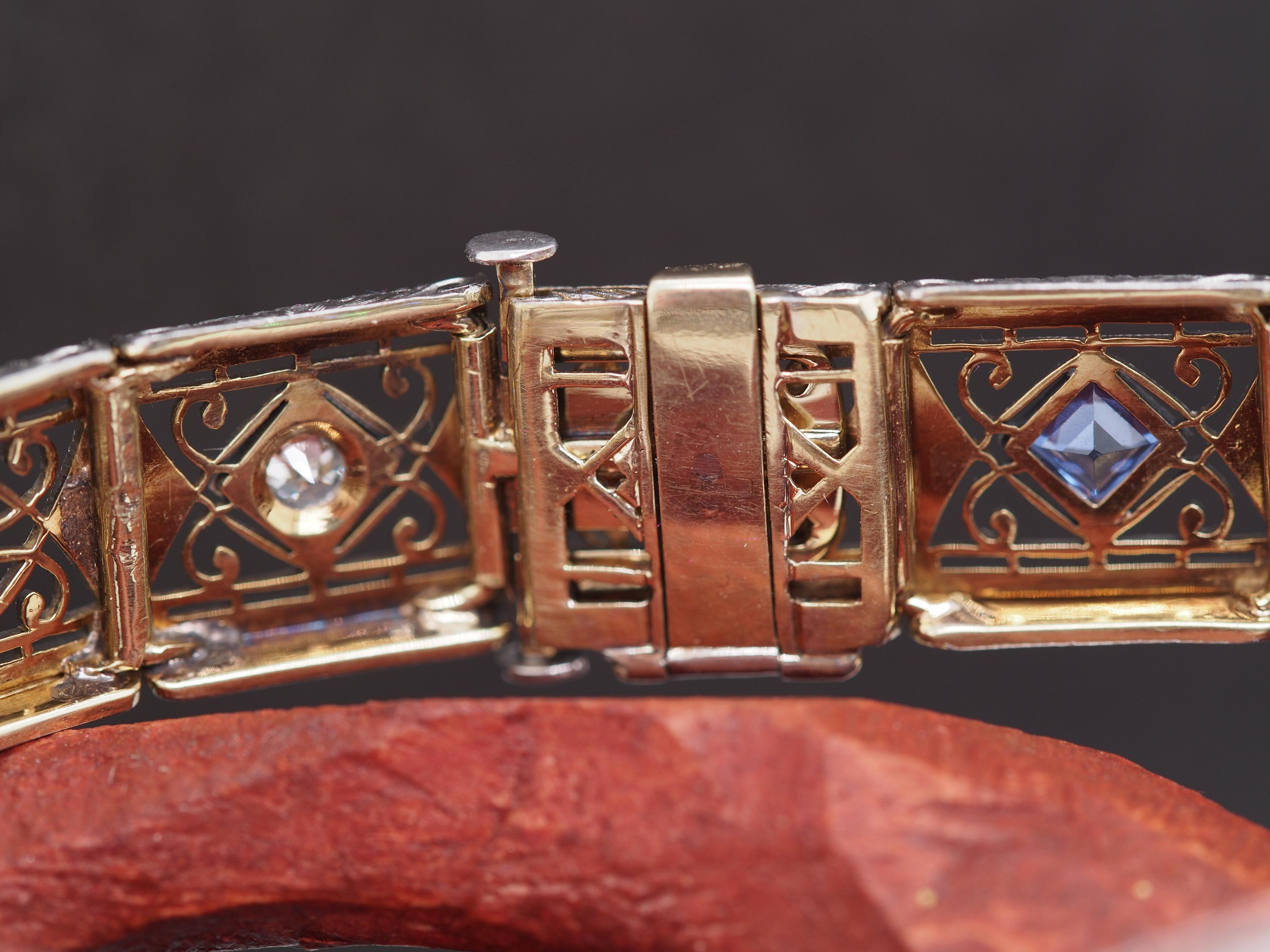 CIRCA 1920er Jahre 14K & Platin Saphir und Diamant-Armband mit Filigran & Gravur im Angebot 1