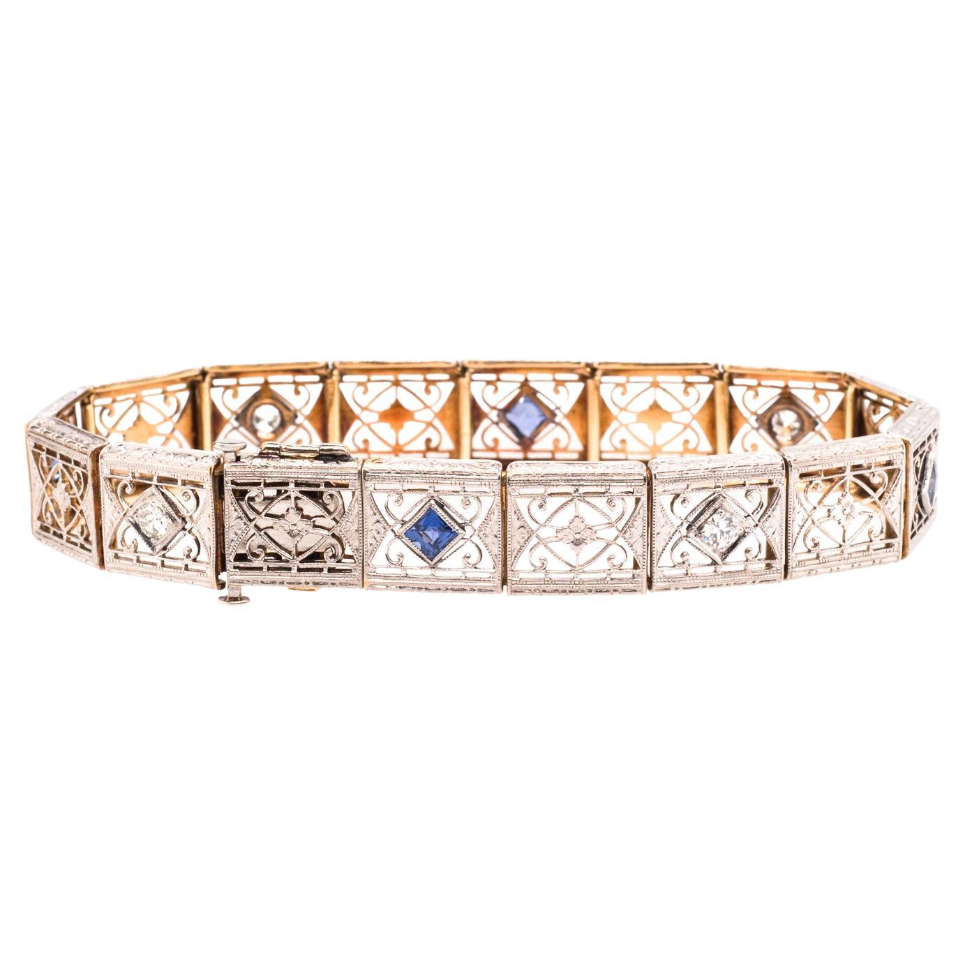 Circa 1920s 14k & Platinum Sapphire and Diamond Bracelet with Filigree & Engrave