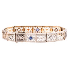 Circa 1920s 14K & Platinum Sapphire and Diamond Bracelet with Filigree & Engrave