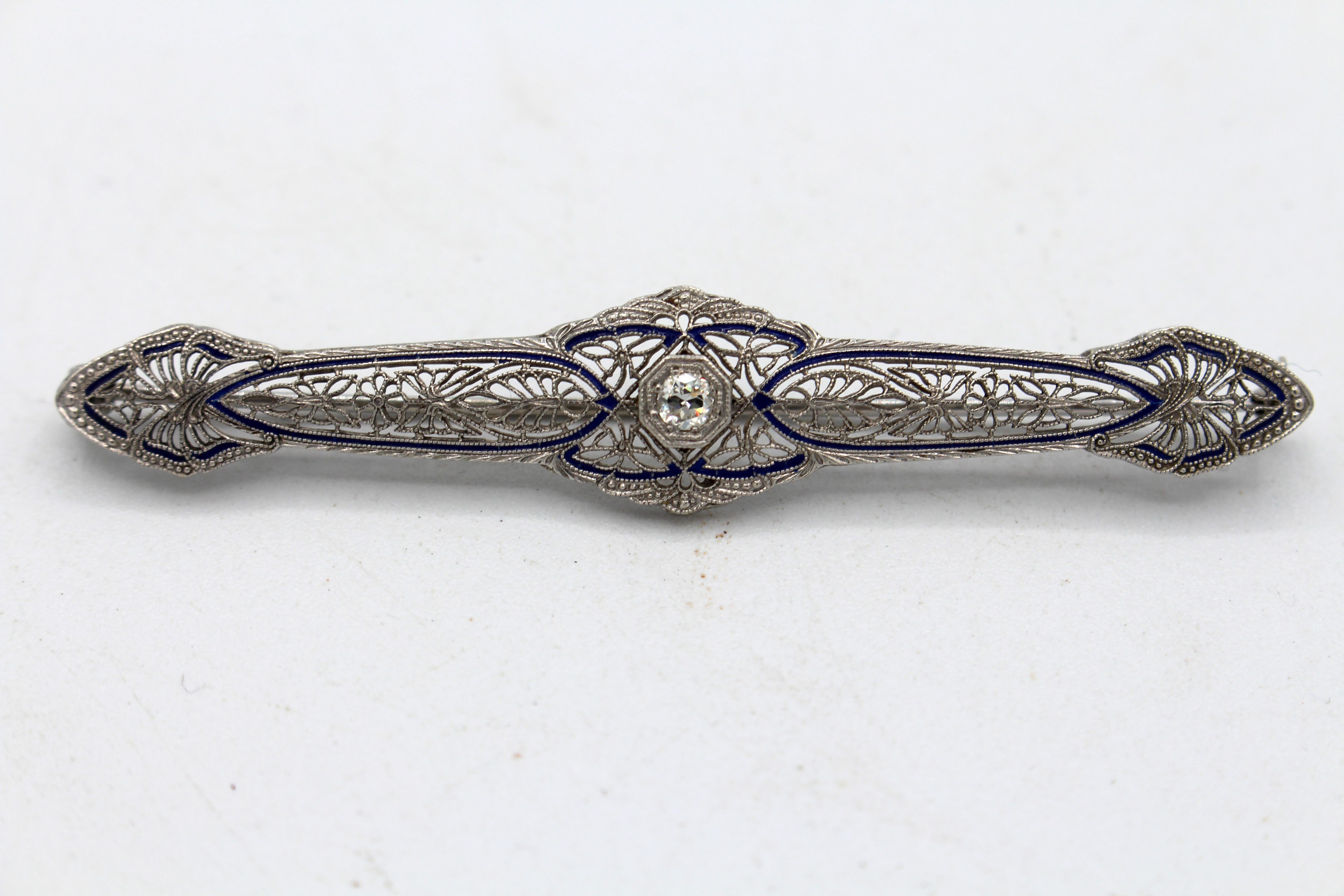 Circa 1920s 14k white gold, cobalt enamel & diamond bar pin. 3