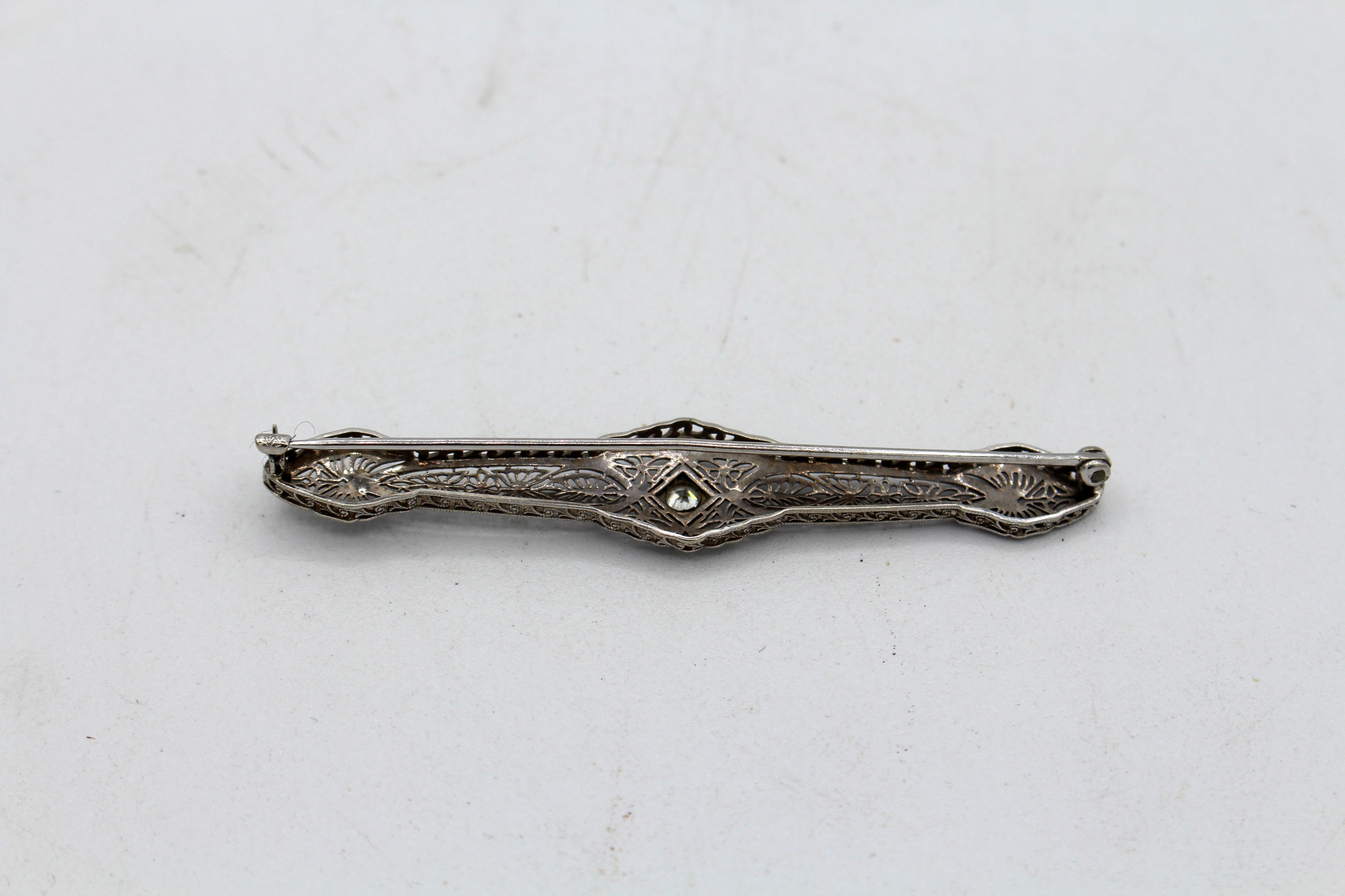 Circa 1920s 14k White Gold, Cobalt Enamel & Diamond Bar Pin In Good Condition For Sale In Chapel Hill, NC