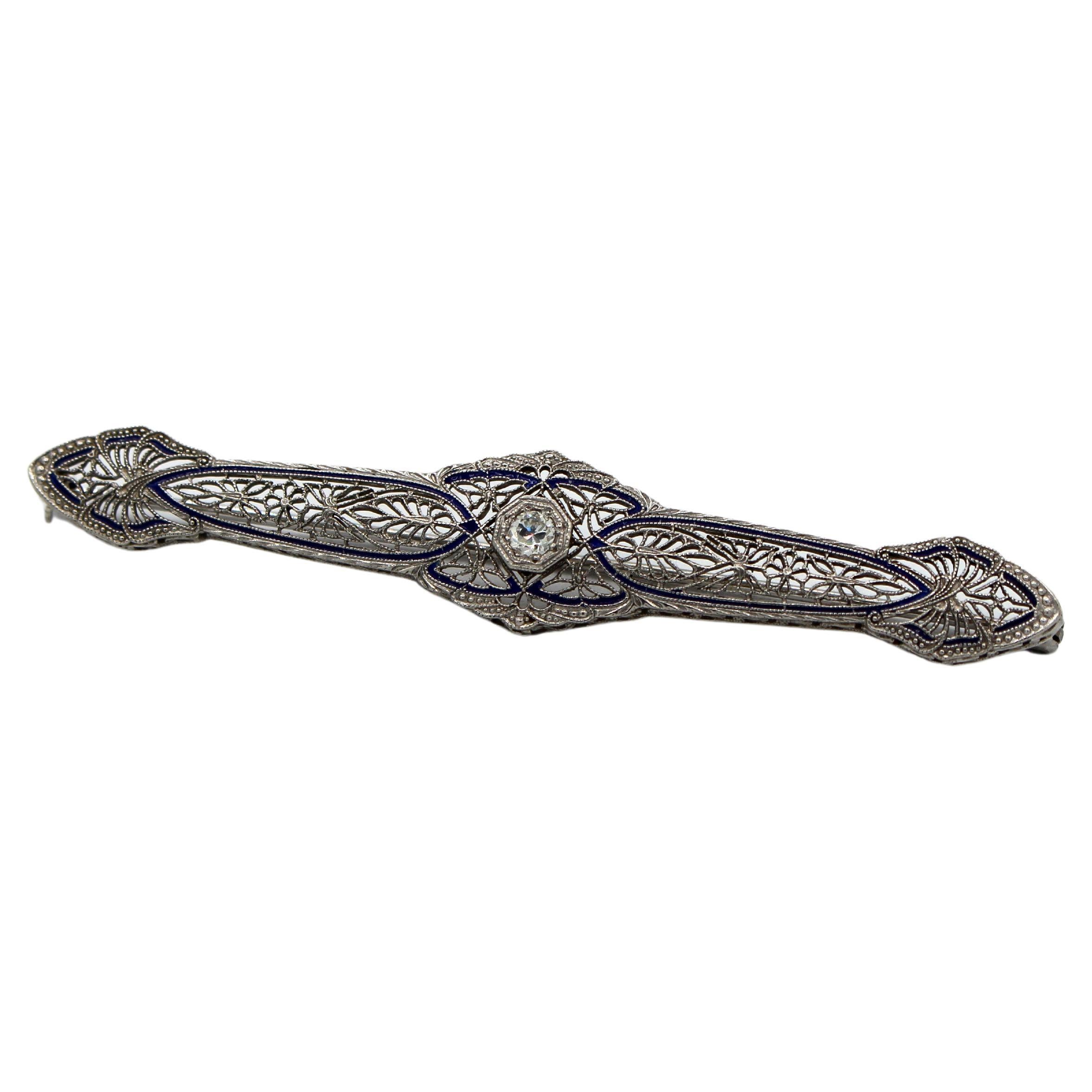 Circa 1920s 14k White Gold, Cobalt Enamel & Diamond Bar Pin For Sale