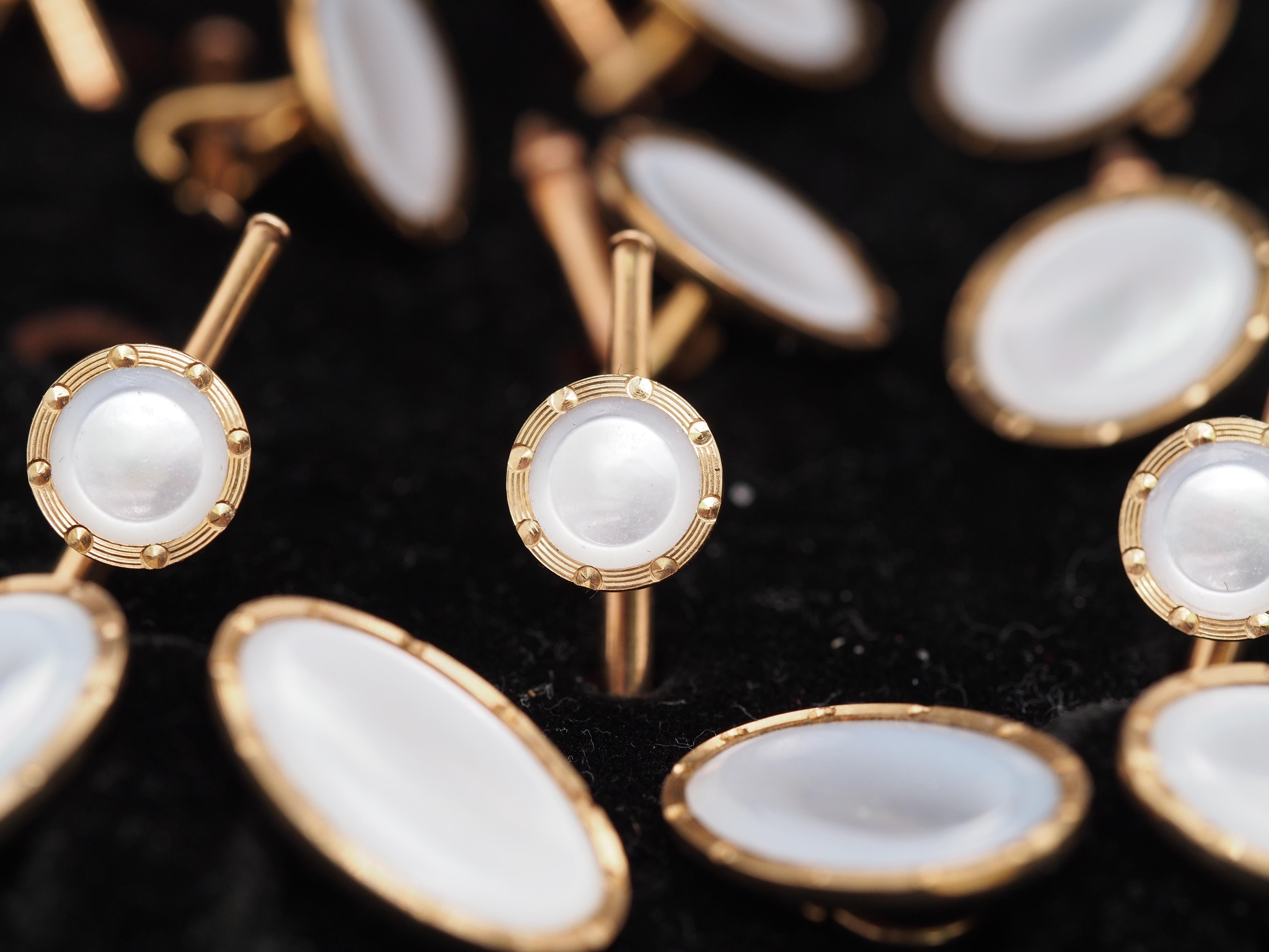 Art Deco Circa 1920s 14K Yellow Gold Mother of Pearl Cufflink and Tuxedo Set For Sale