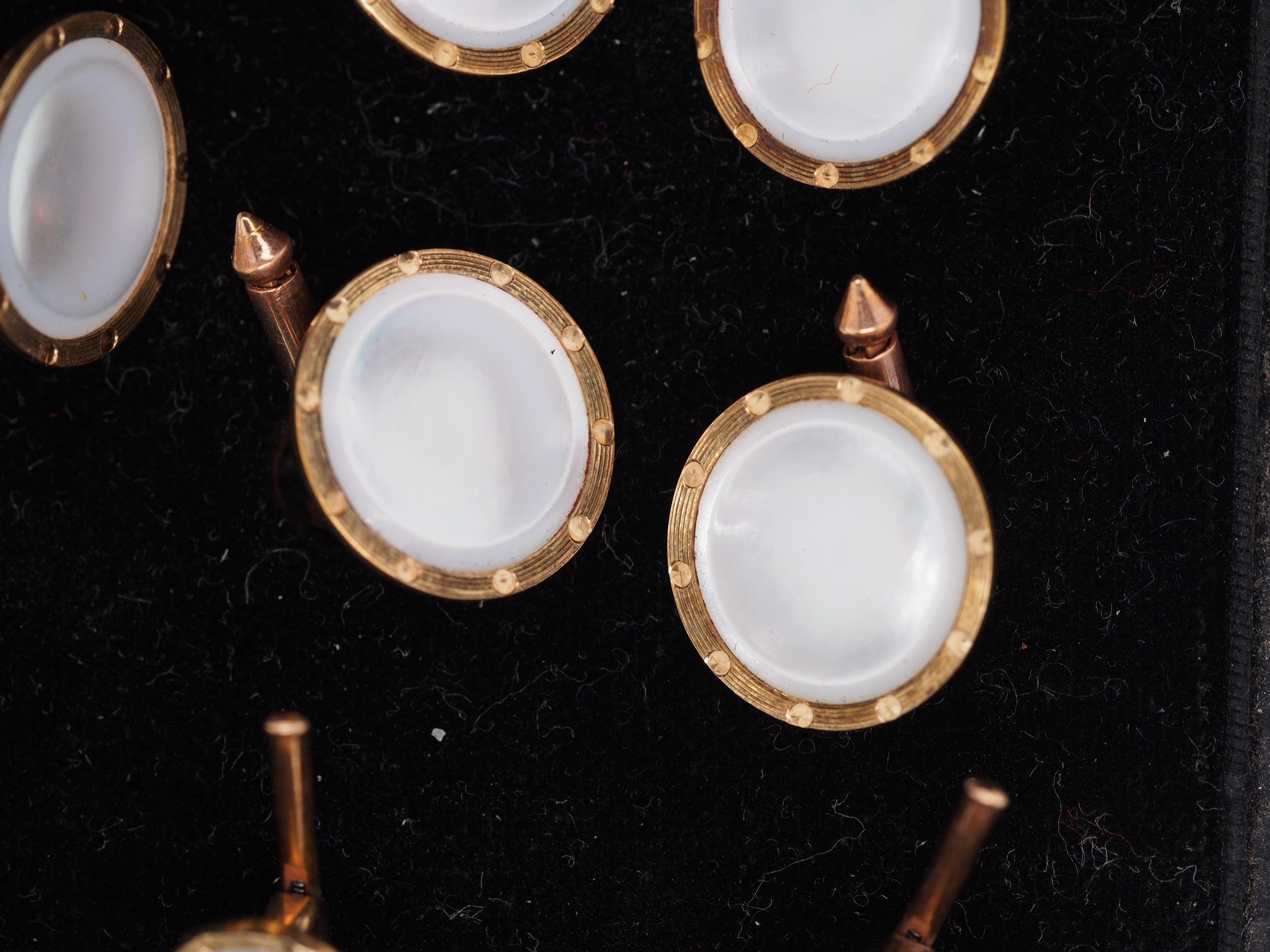 Women's Circa 1920s 14K Yellow Gold Mother of Pearl Cufflink and Tuxedo Set For Sale