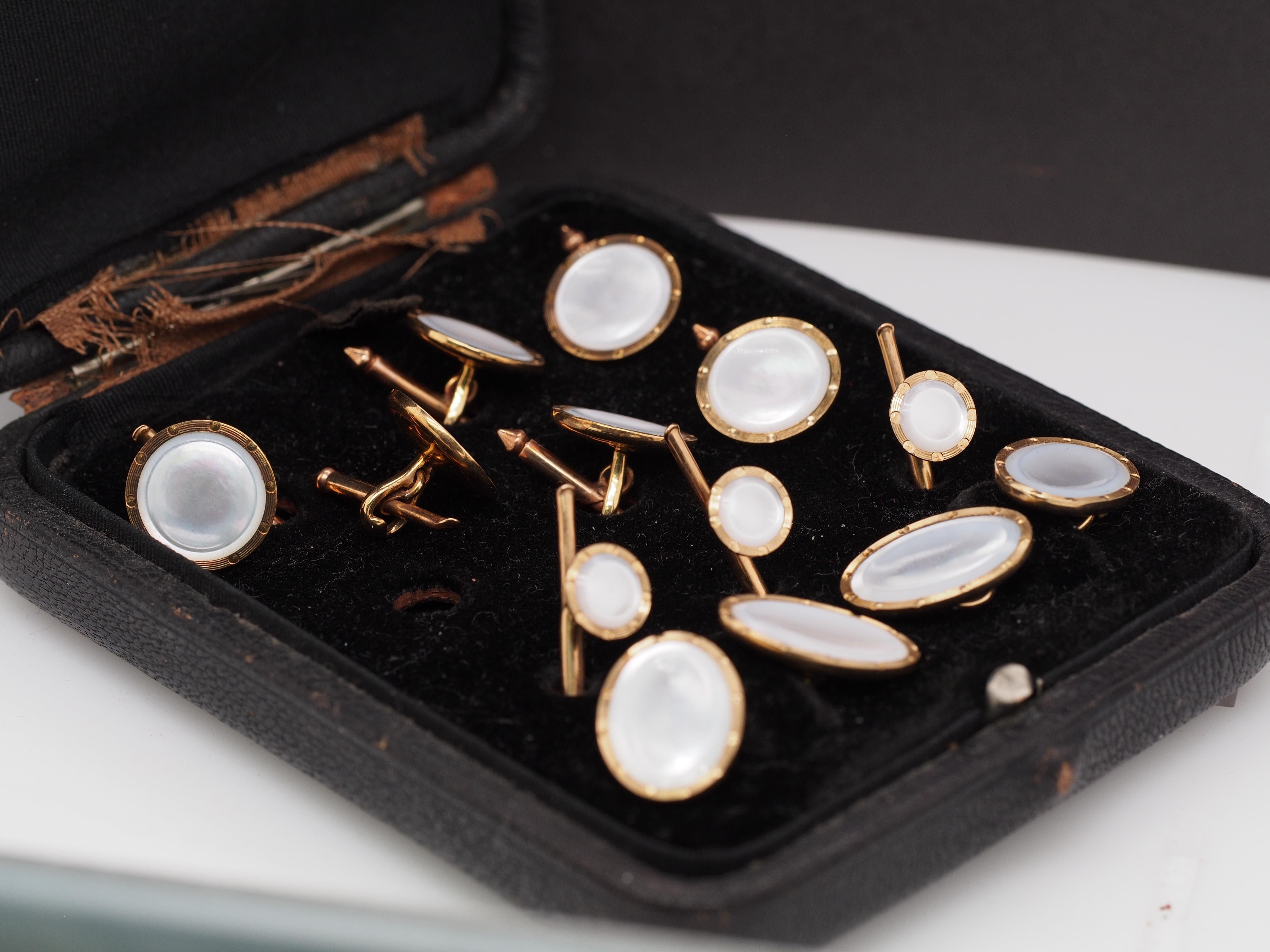 Circa 1920s 14K Yellow Gold Mother of Pearl Cufflink and Tuxedo Set For Sale 1