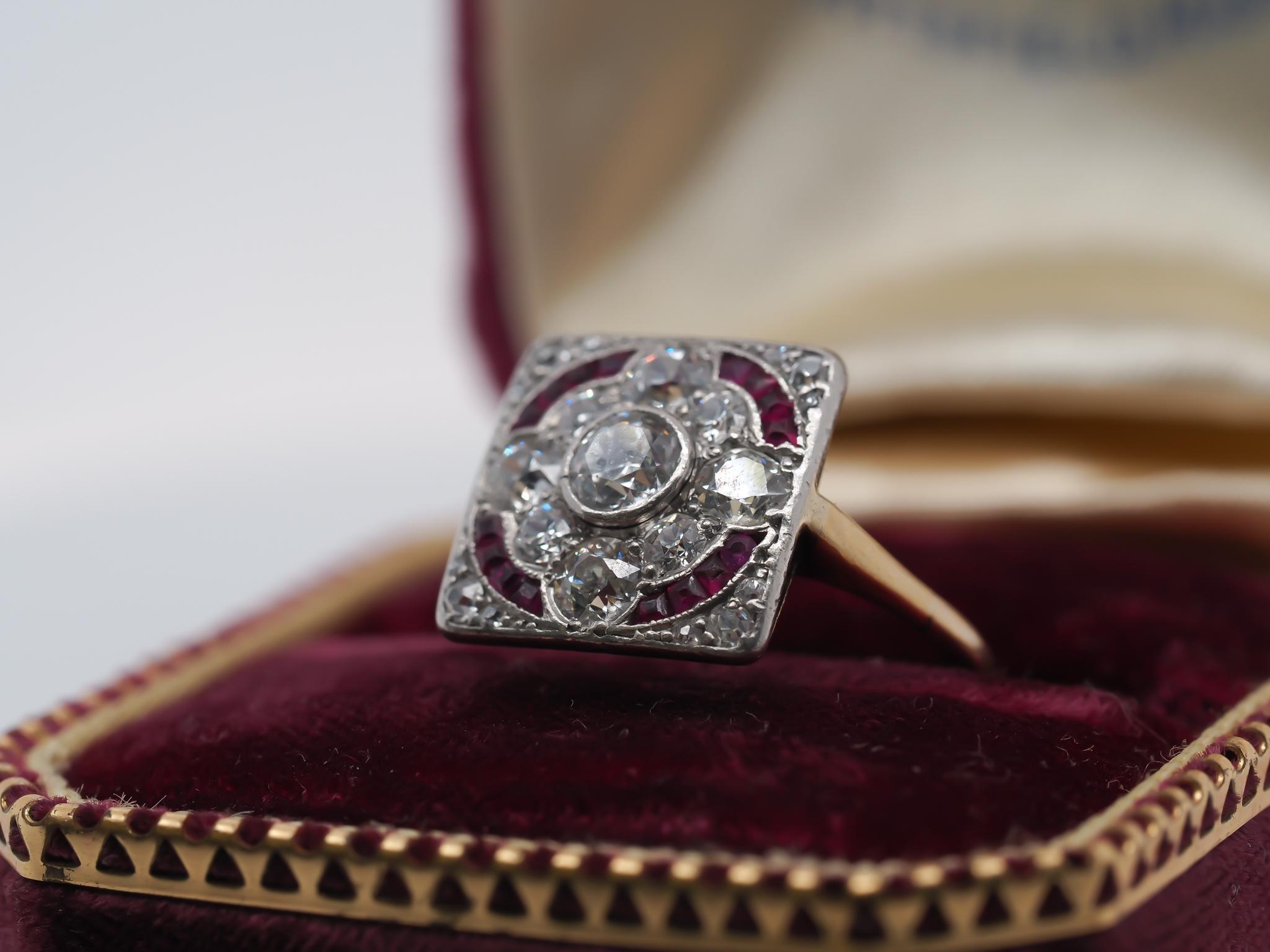 Art Deco Circa 1920s 14K Yellow Gold Old European Diamond and Ruby Ring