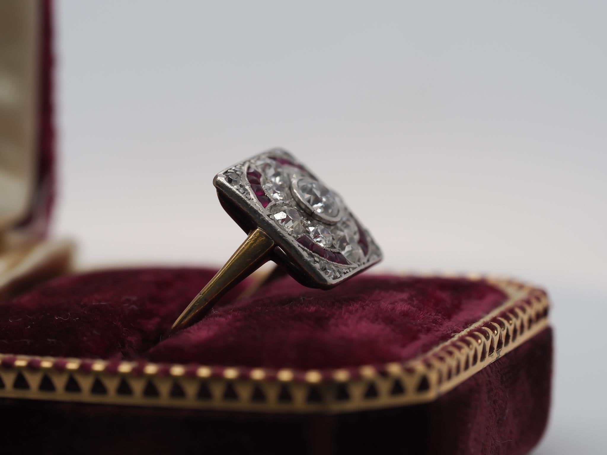 Women's Circa 1920s 14K Yellow Gold Old European Diamond and Ruby Ring