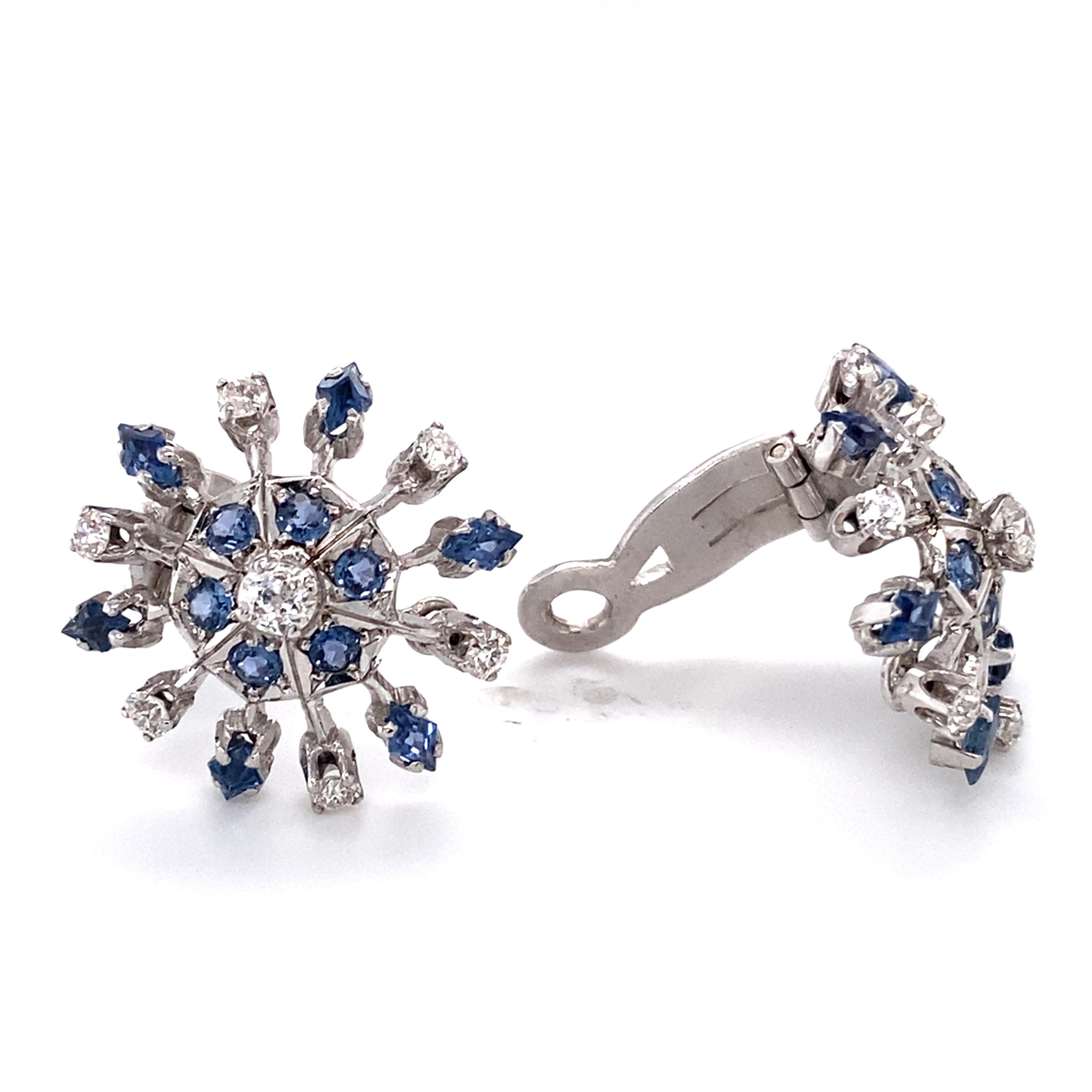 Item Details: 
Metal: 14 Karat White Gold and Platinum Mix
Weight: 12.9 grams
Measurements: 1 inch x 1 inch 

Sapphire Details:
Cut: Old Mine and Lozenge 
Carat: 0.2 carat total weight
(No treatment done to sapphires) 

Diamond Details: 
Carat: 1.80