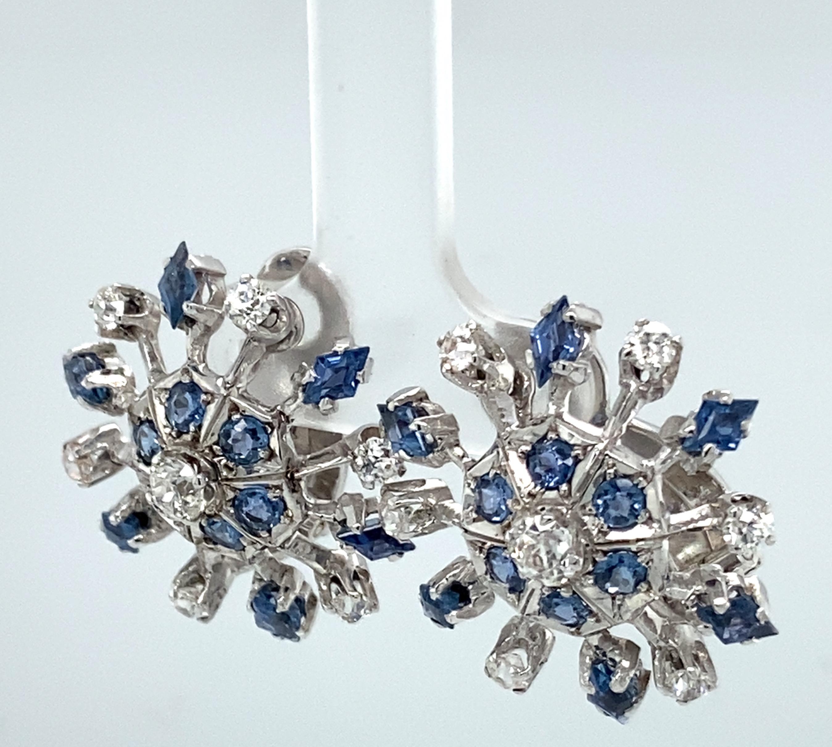 Art Deco Circa 1920s 1.80 Carat Diamond and Sapphire Snowflake French Clip Earrings For Sale