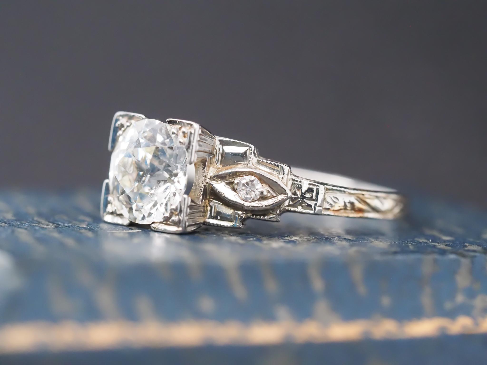 Women's Circa 1920s 18K White Gold 1.20ct Old European Diamond Engagement Ring For Sale