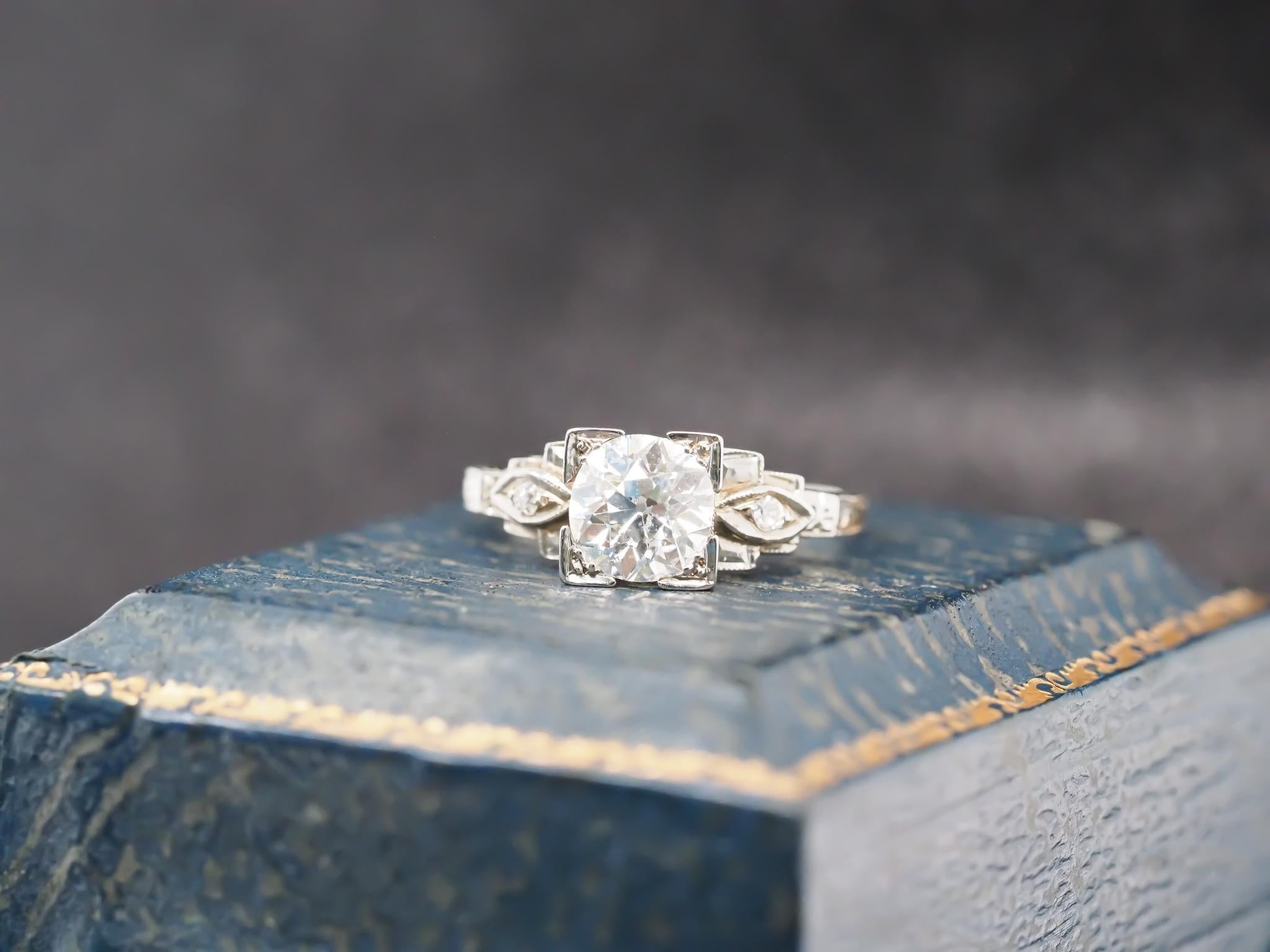 Circa 1920s 18K White Gold 1.20ct Old European Diamond Engagement Ring For Sale 1