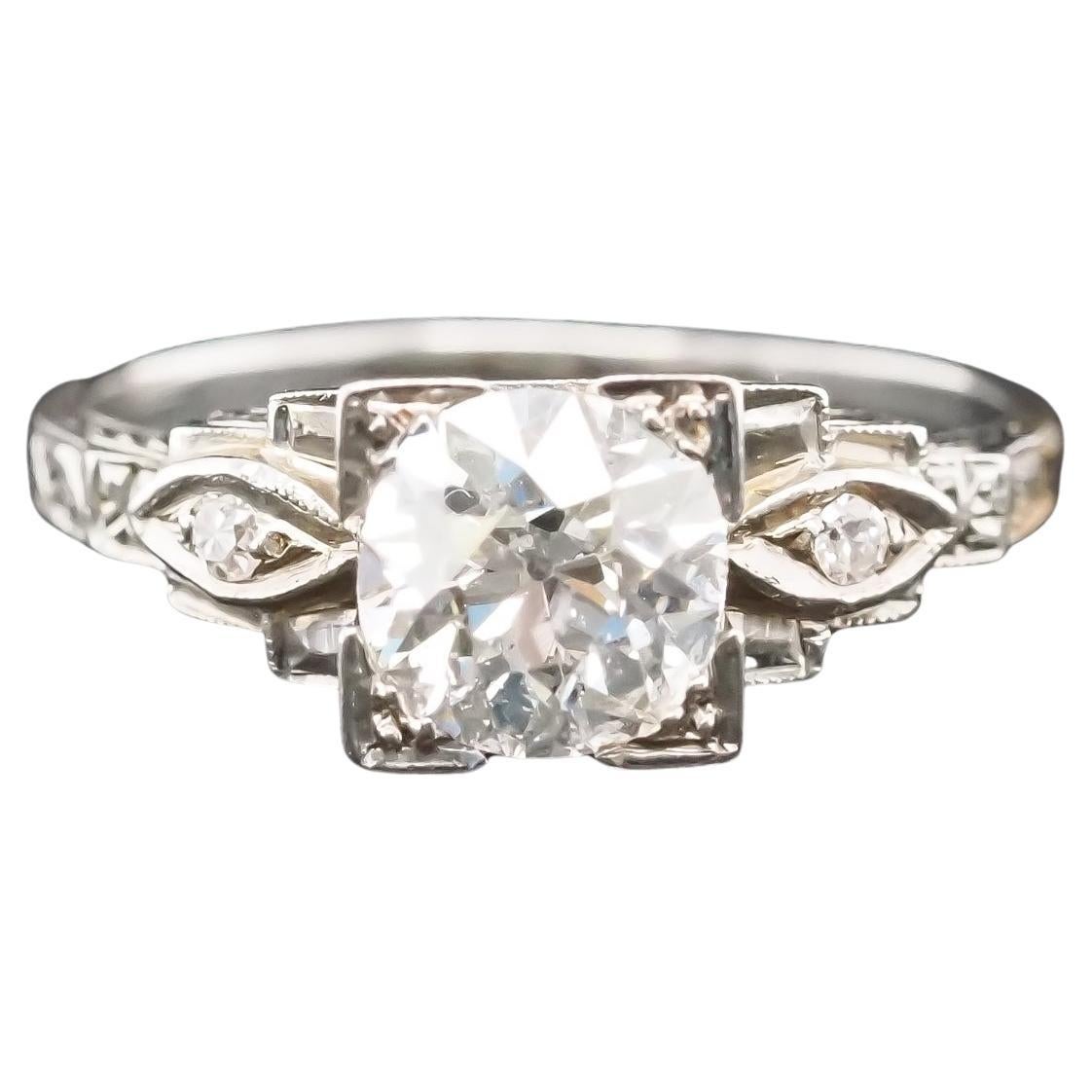Circa 1920s 18K White Gold 1.20ct Old European Diamond Engagement Ring For Sale