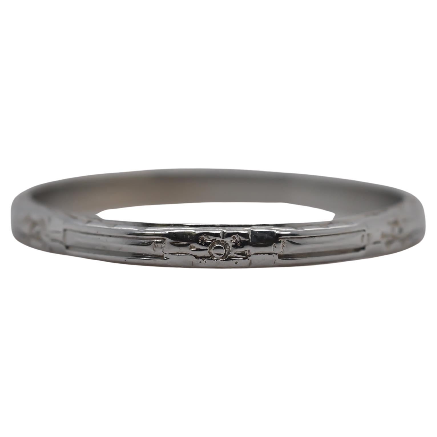 Circa 1920s 18K White Gold Engraved Wedding Band