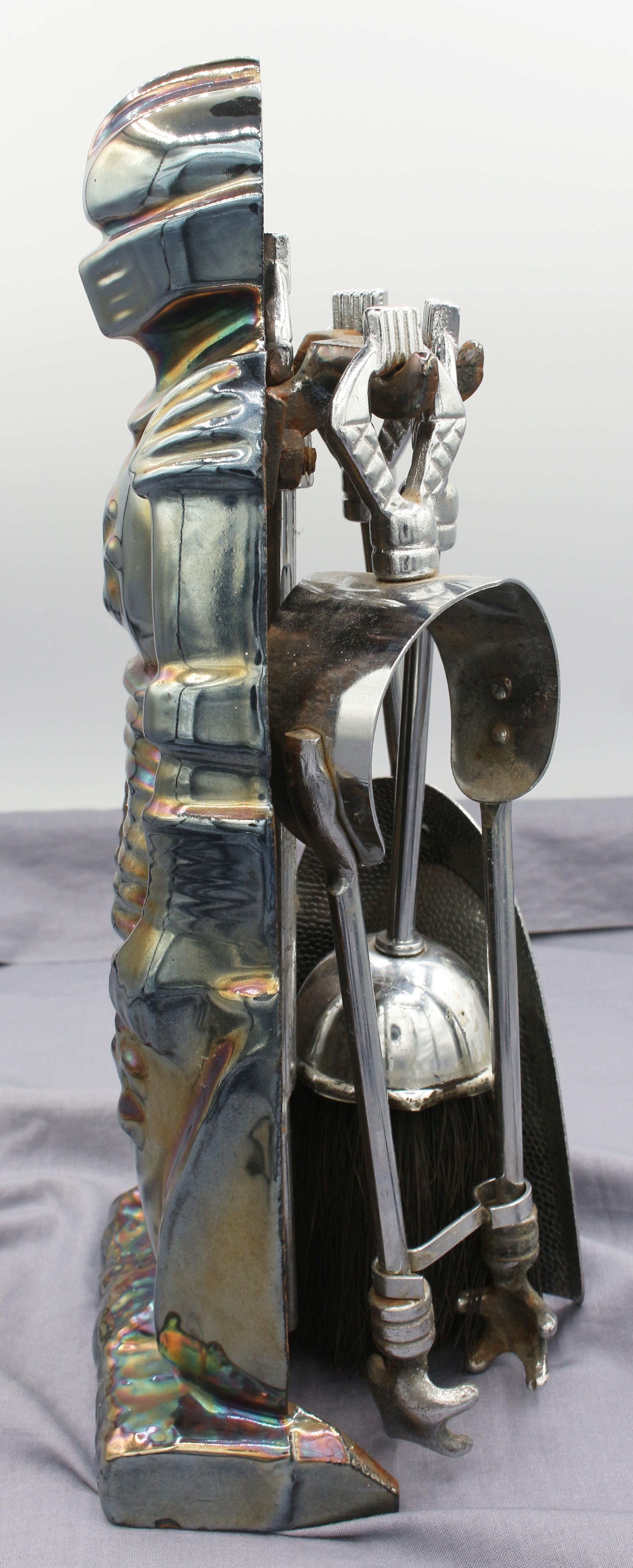 Circa 1920s-30s Knight Companion Fire Tool Set, English. Iridescent finish on cast iron. Polished steel Art Deco motif tools - poker, tongs, shovel & brush. 5
