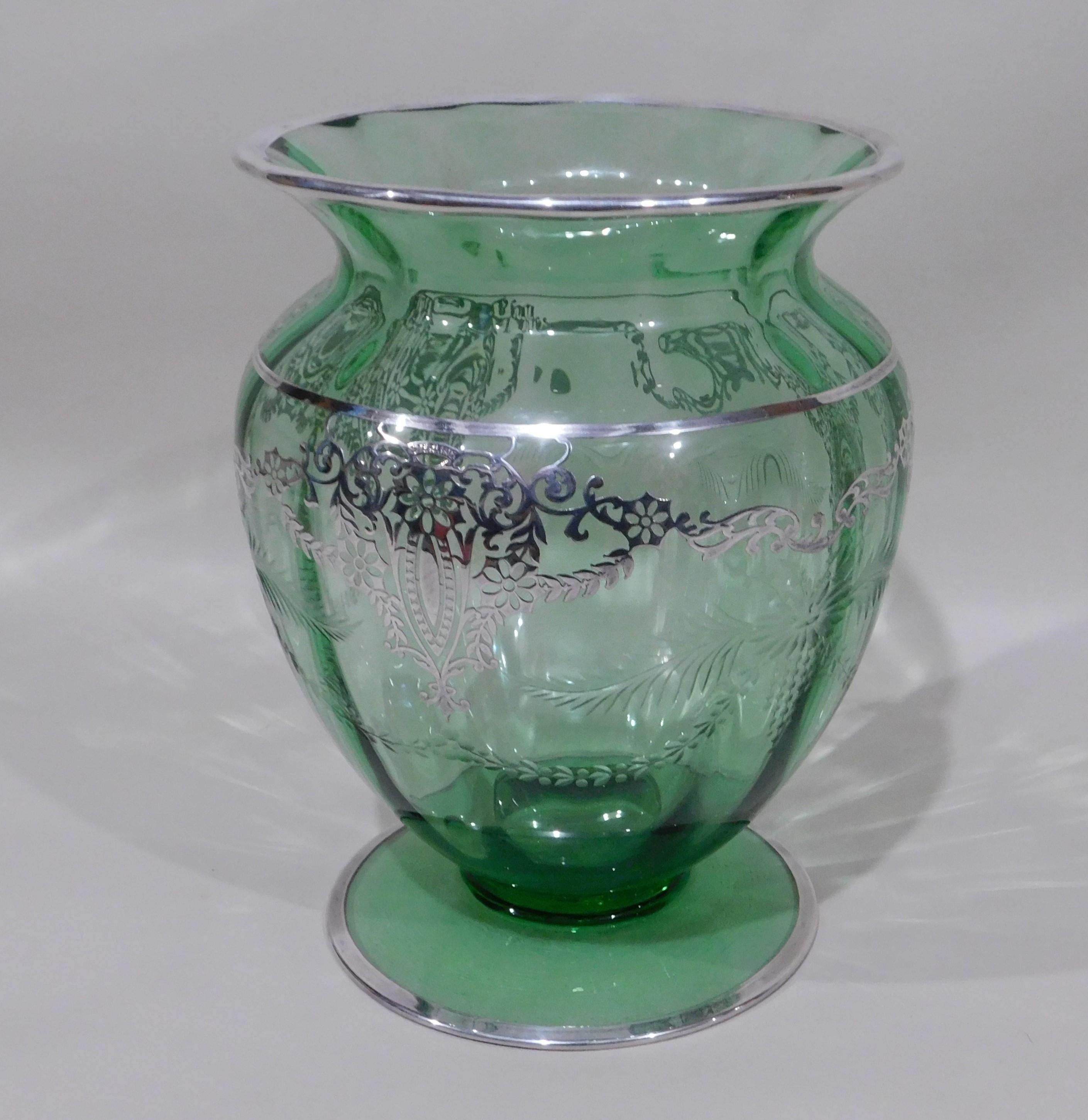 American Wheeled Cut Green Glass Vase with Silver Overlay, circa 1920s For Sale 6