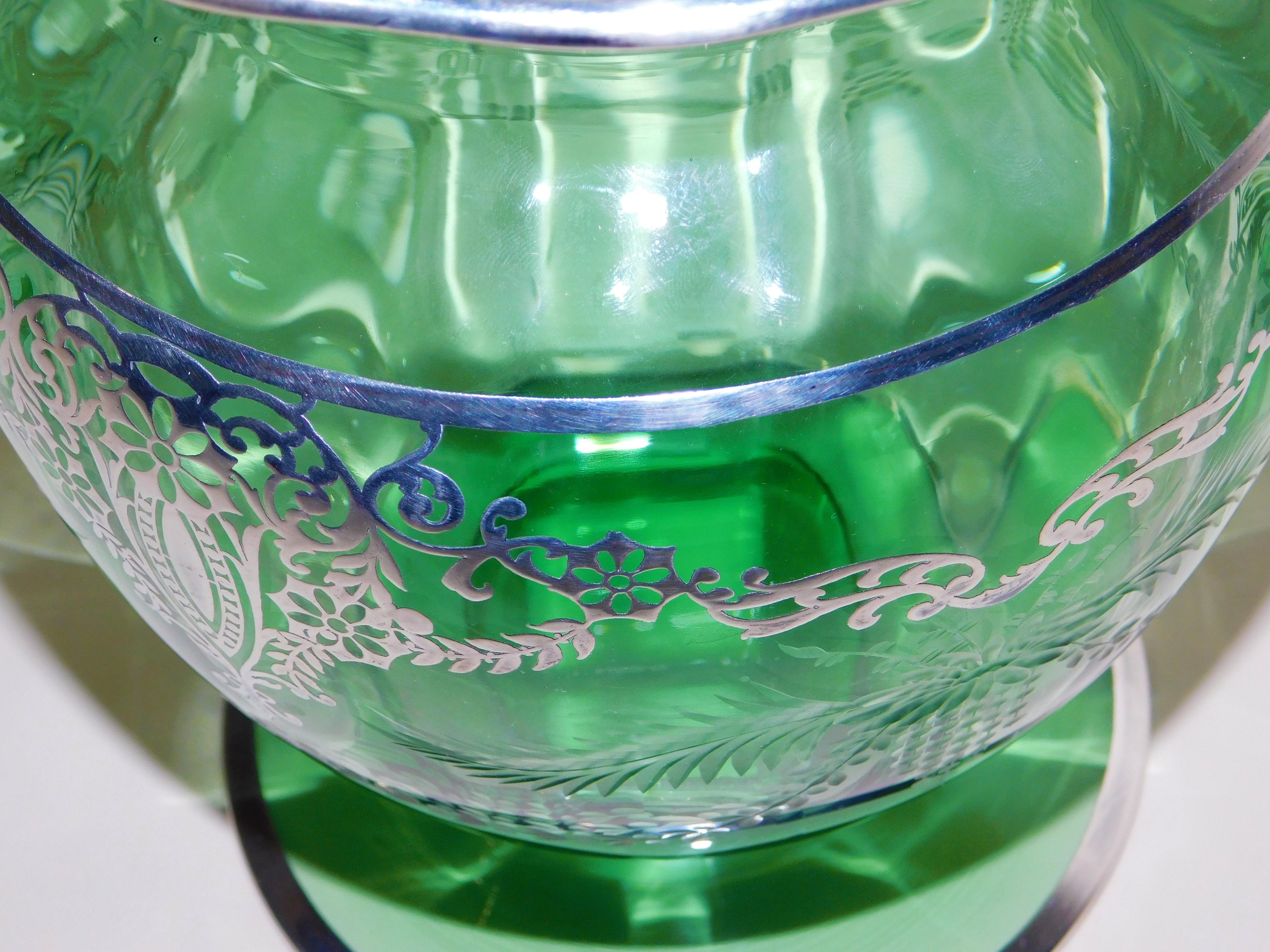 American Wheeled Cut Green Glass Vase with Silver Overlay, circa 1920s For Sale 7