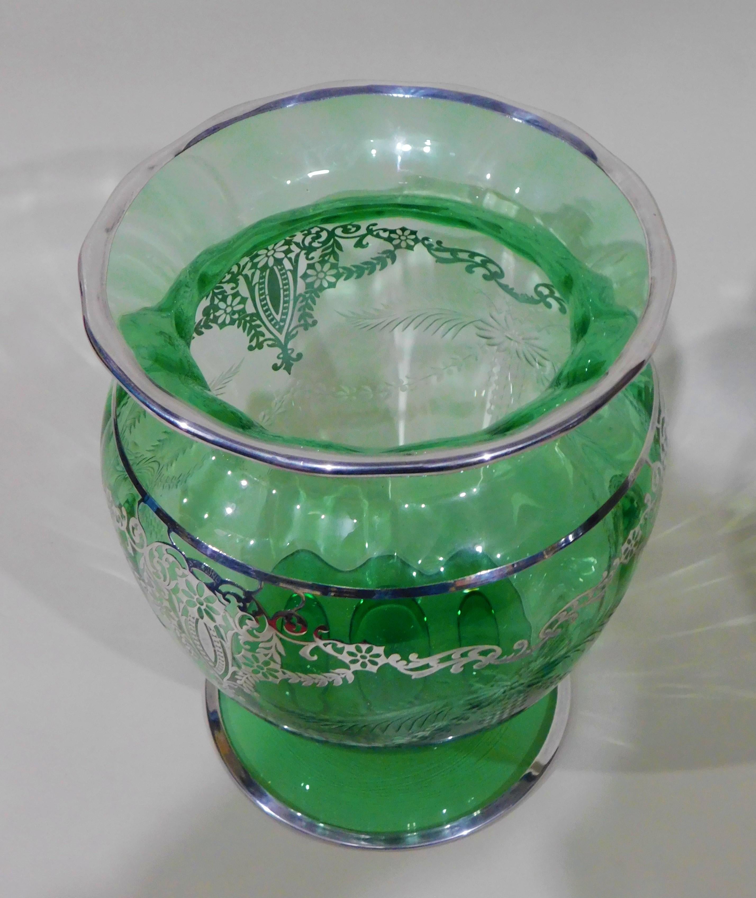 American Wheeled Cut Green Glass Vase with Silver Overlay, circa 1920s For Sale 8