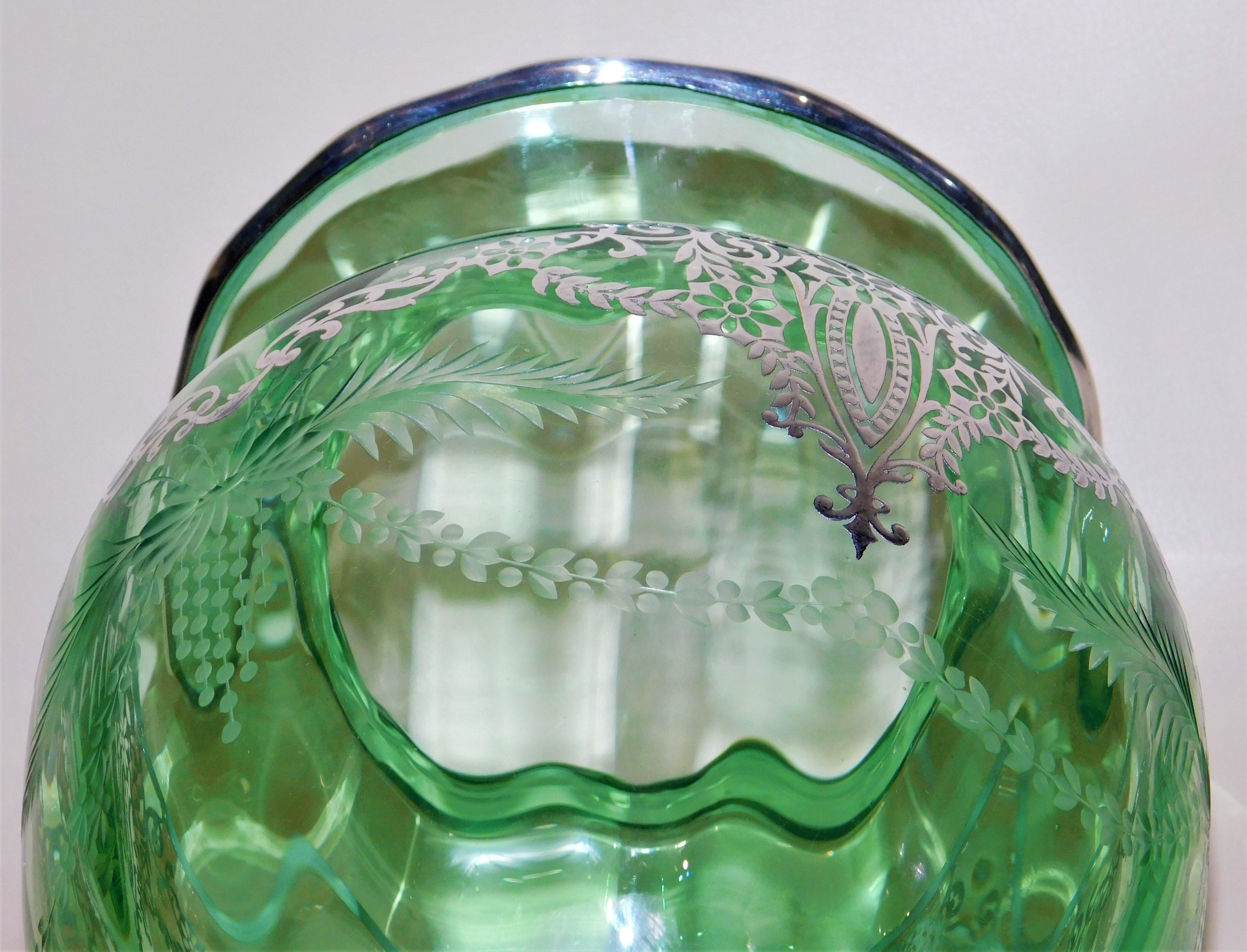 American Wheeled Cut Green Glass Vase with Silver Overlay, circa 1920s For Sale 9