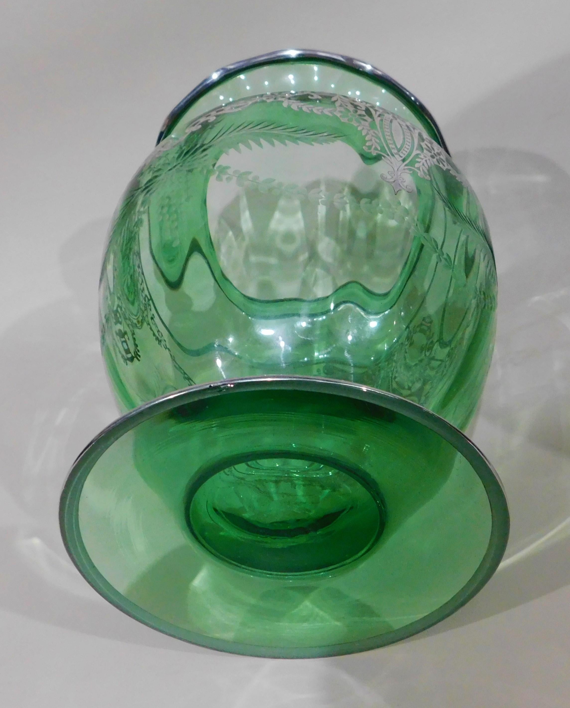 American Wheeled Cut Green Glass Vase with Silver Overlay, circa 1920s For Sale 10