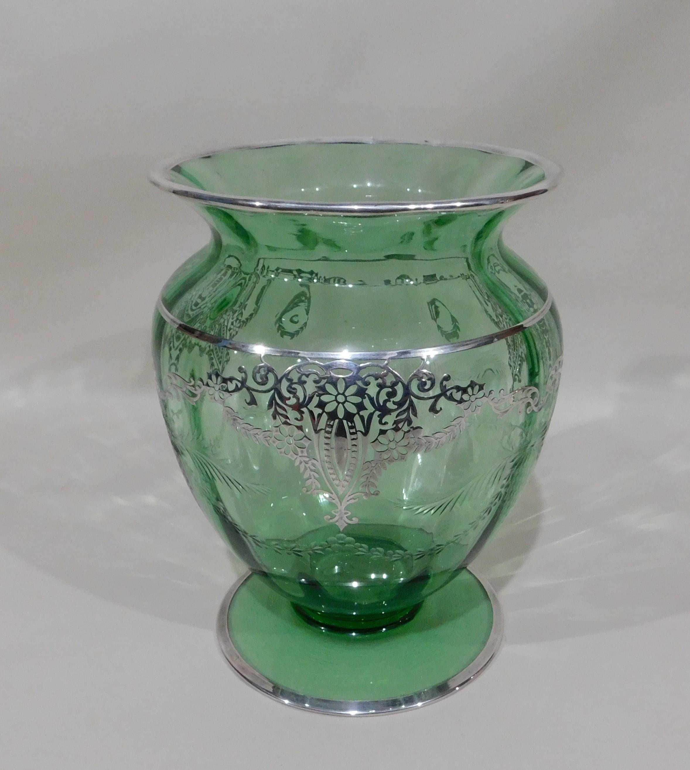 Early 20th century sterling silver emerald green glass vase.
