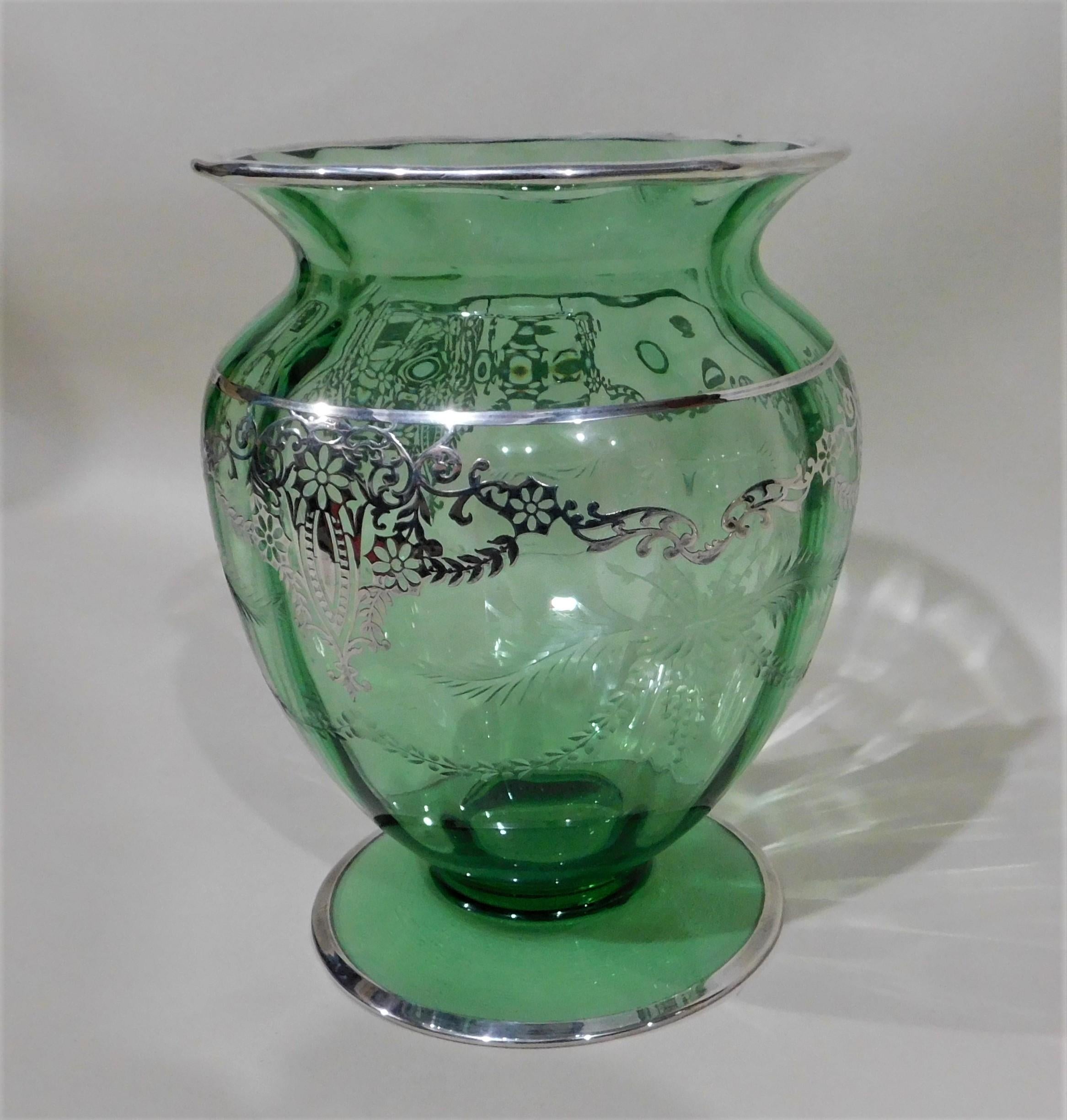 20th Century American Wheeled Cut Green Glass Vase with Silver Overlay, circa 1920s For Sale