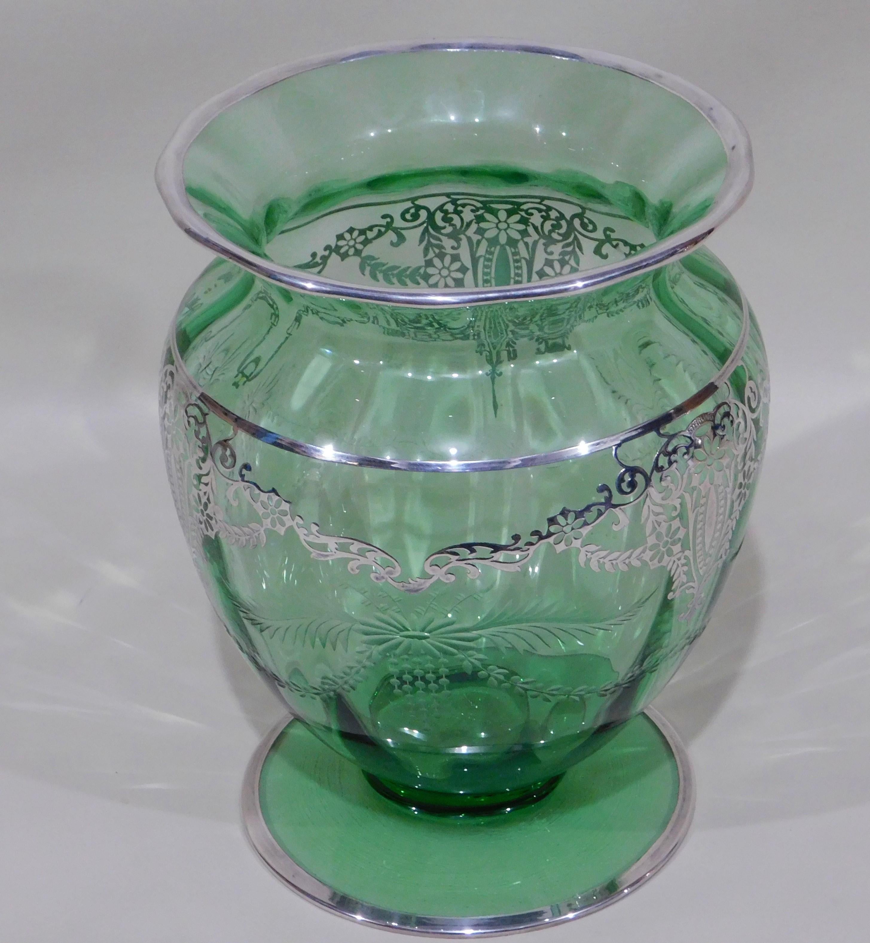 American Wheeled Cut Green Glass Vase with Silver Overlay, circa 1920s For Sale 2