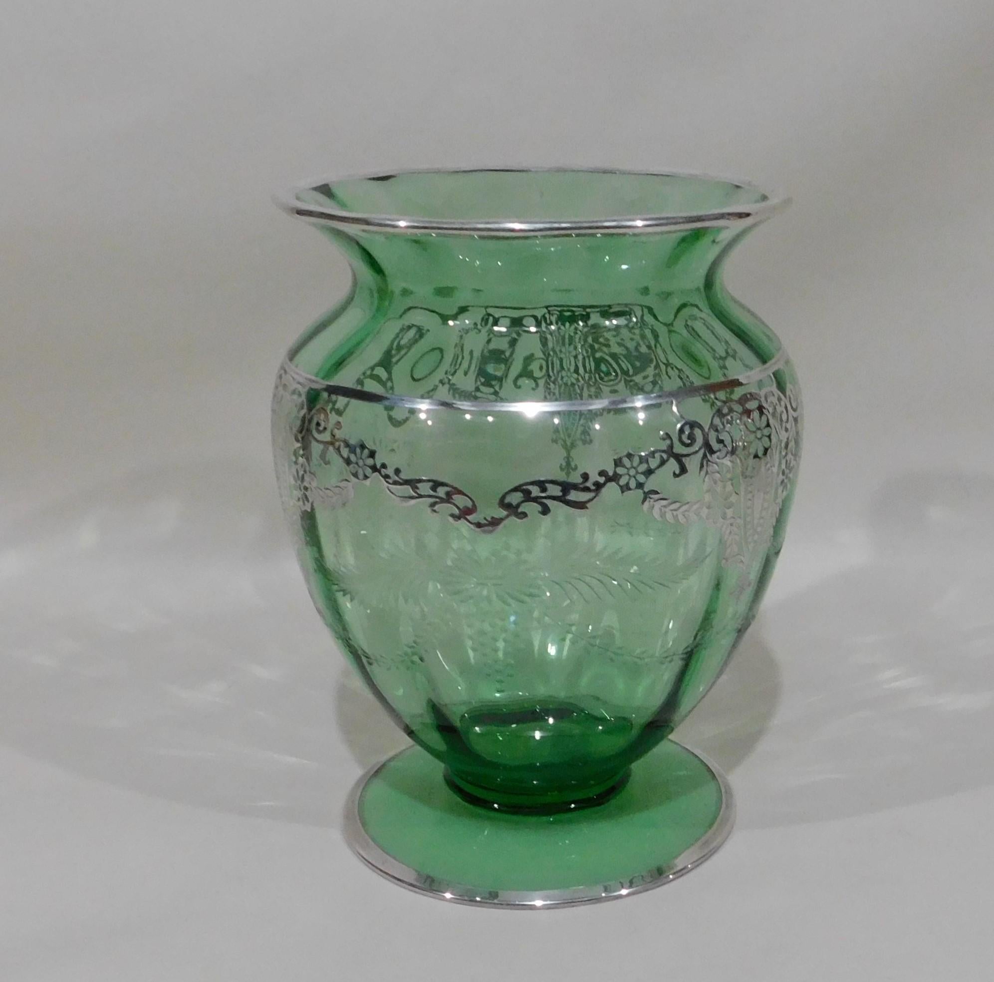 American Wheeled Cut Green Glass Vase with Silver Overlay, circa 1920s For Sale 3