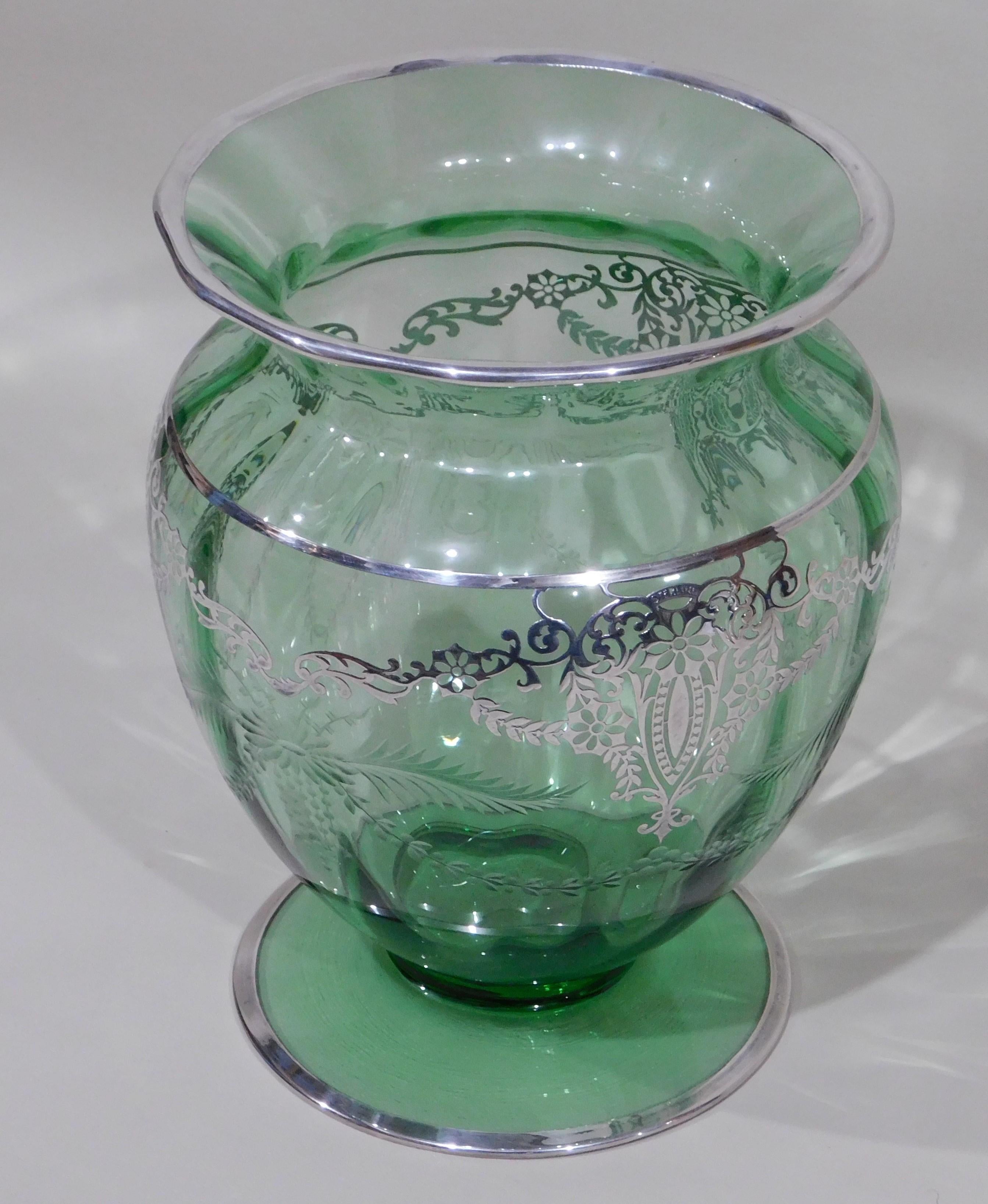 American Wheeled Cut Green Glass Vase with Silver Overlay, circa 1920s For Sale 4