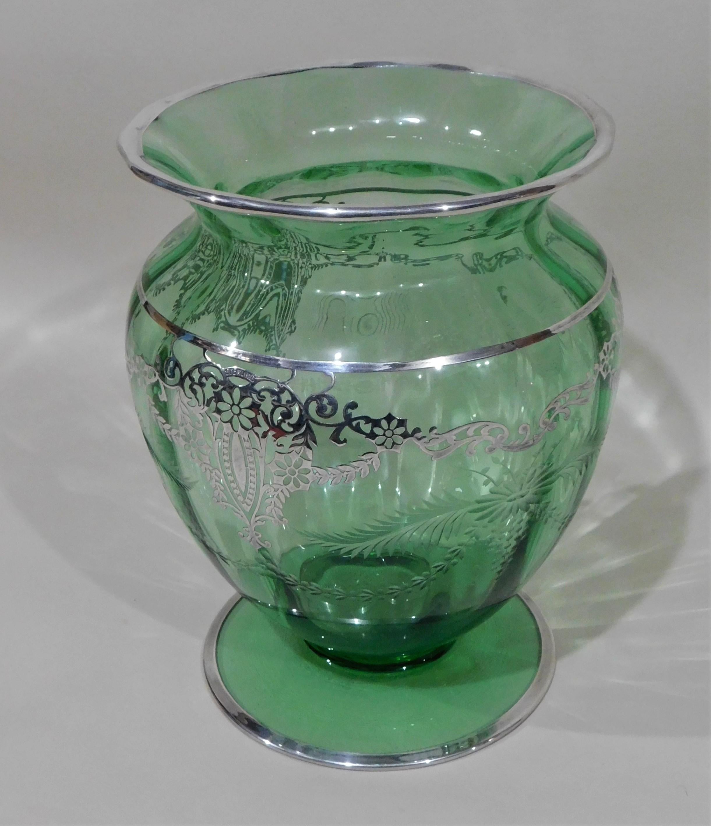 American Wheeled Cut Green Glass Vase with Silver Overlay, circa 1920s For Sale 5