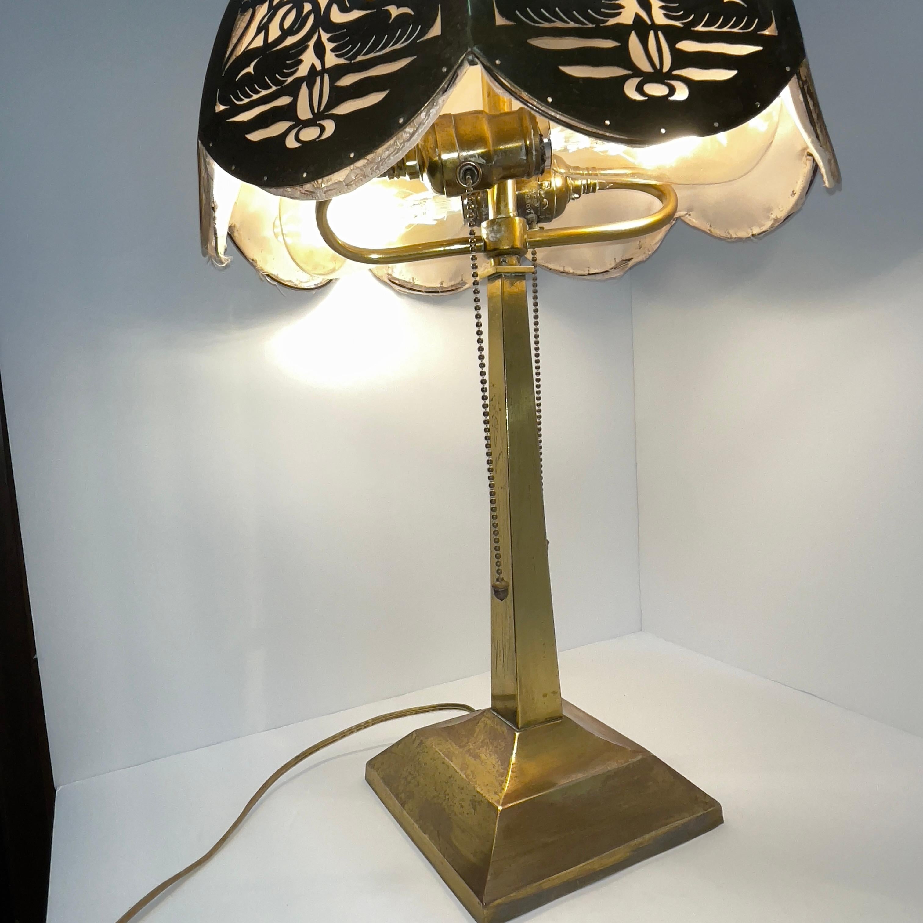 Art Deco Circa 1920s Antique Brass Lamp With Reticulated Brass Lampshade For Sale