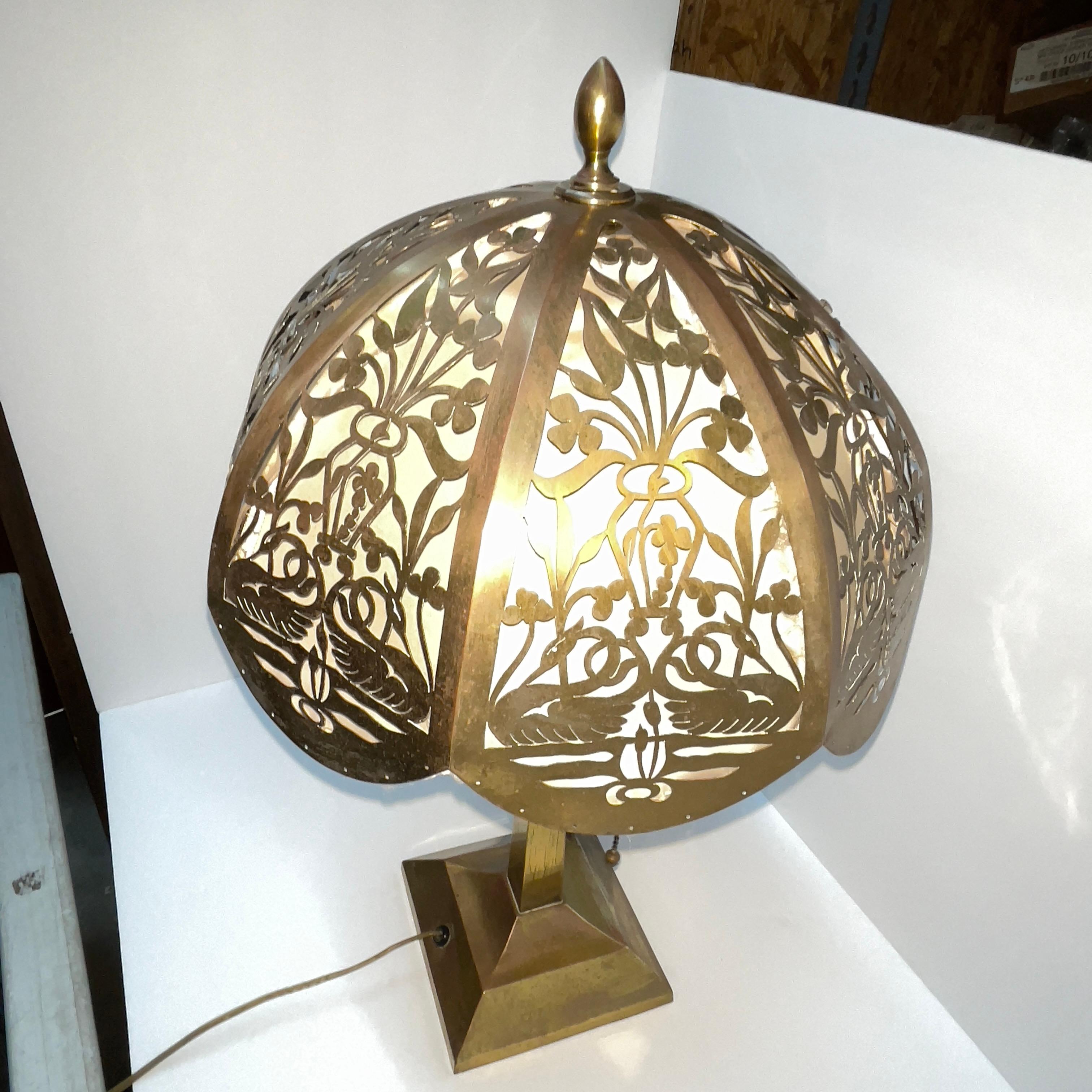 Early 20th Century Circa 1920s Antique Brass Lamp With Reticulated Brass Lampshade For Sale