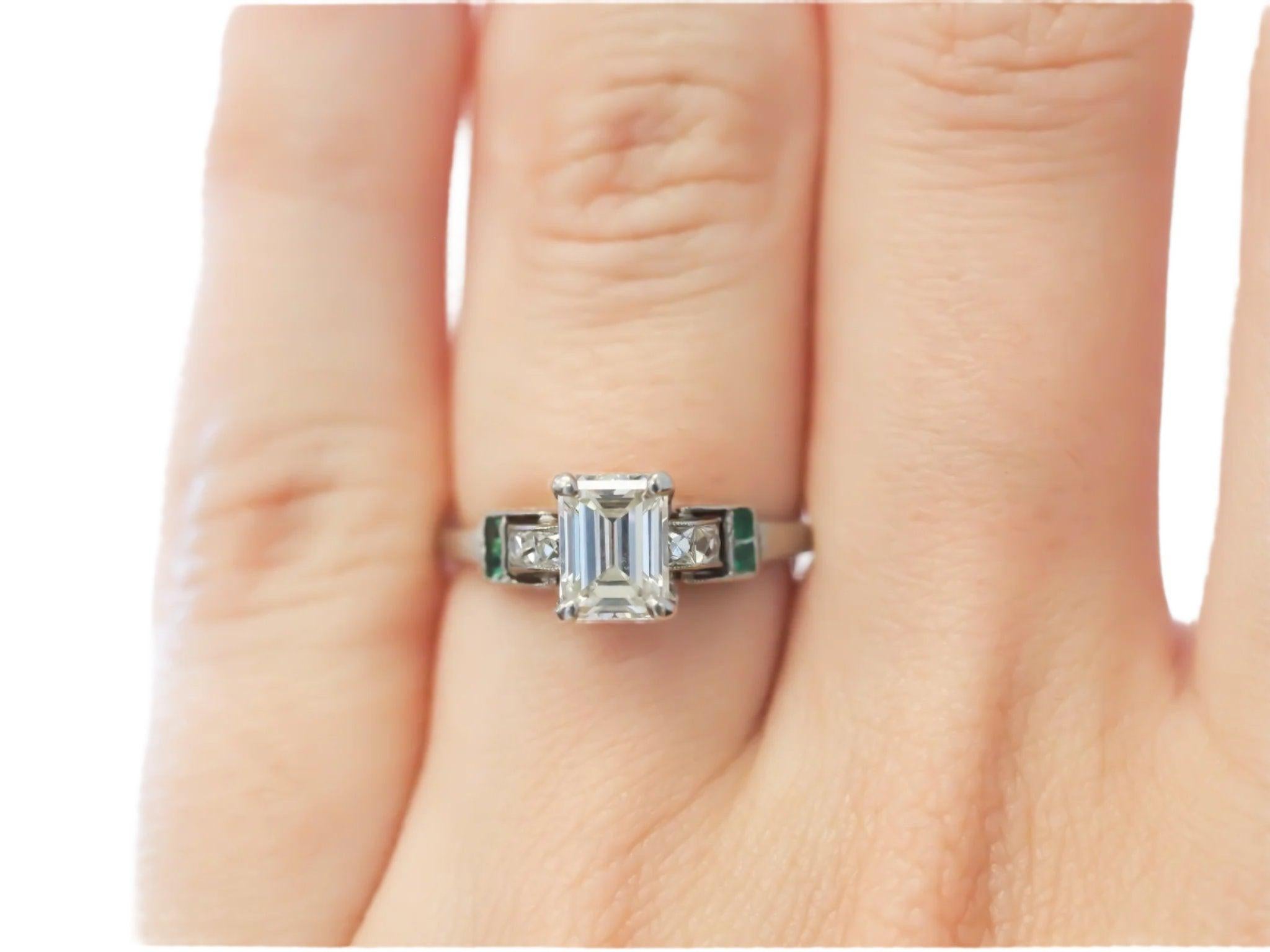 Circa 1920s Antique Emerald Diamond and French Cut Diamond Engagement Ring For Sale 2
