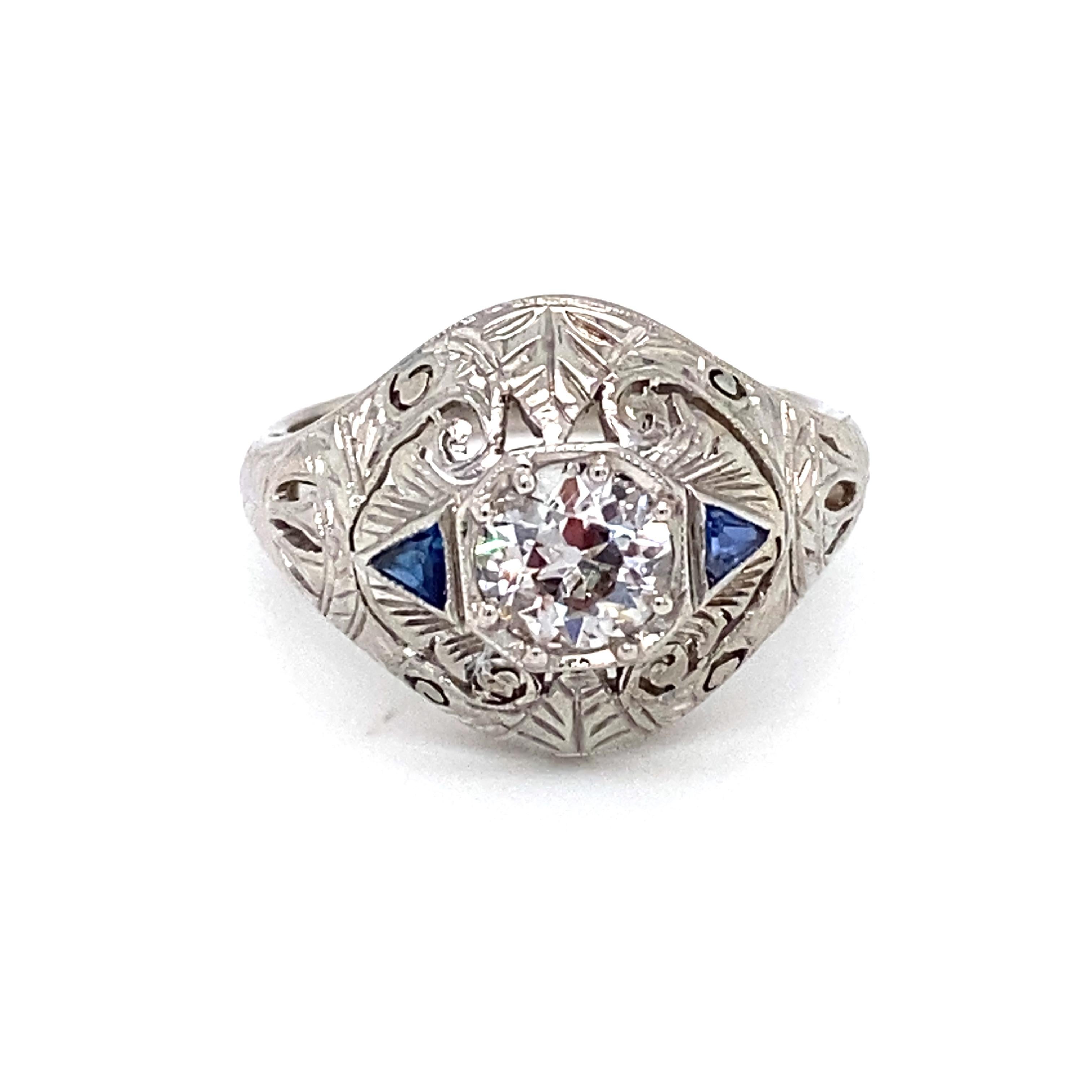 Old European Cut Circa 1920s Art Deco 0.65 Carat Diamond and Sapphire Ring in Platinum For Sale