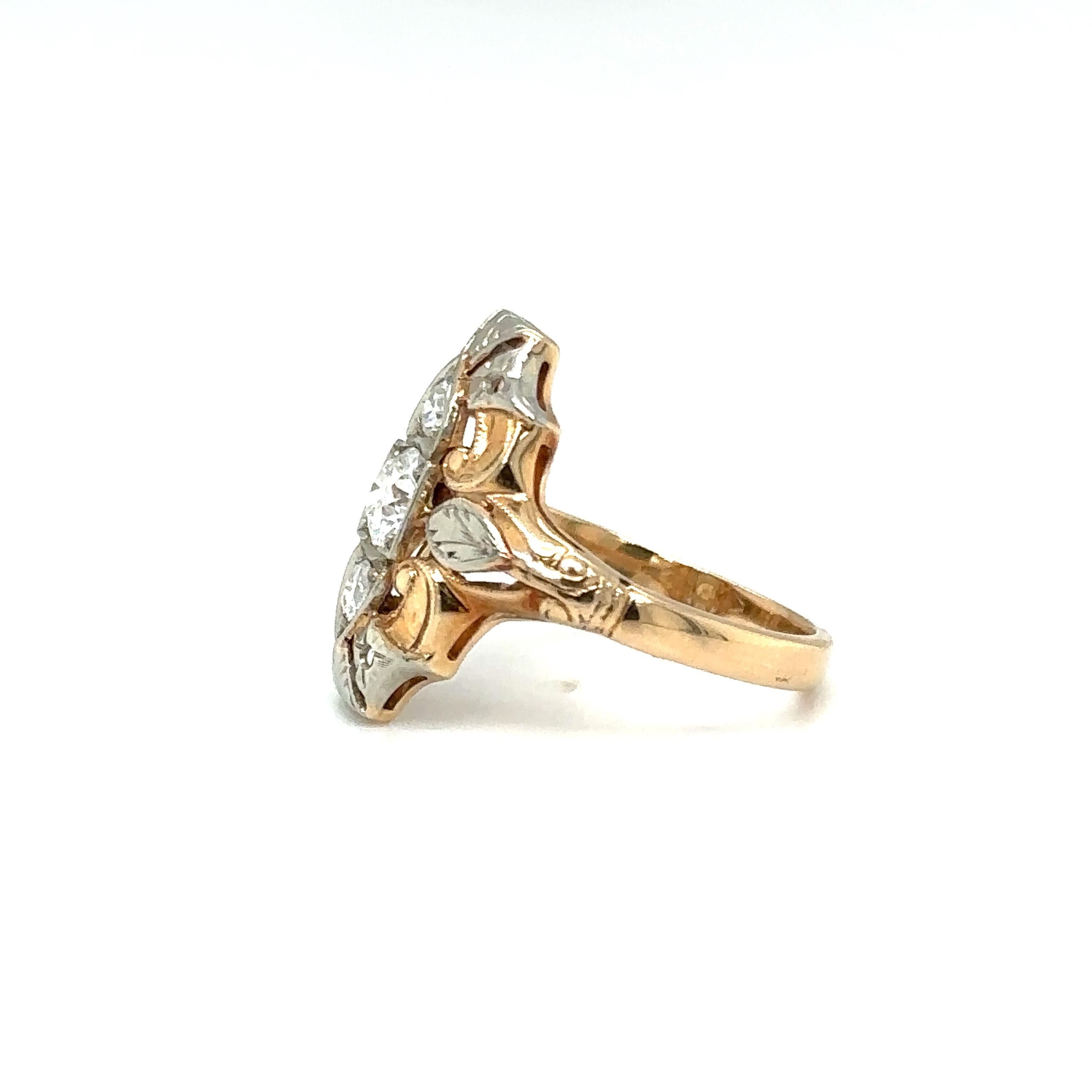 Old European Cut Art Deco 0.70 Carat Total Diamond Ring in Two Tone 14 Karat Gold, circa 1920s